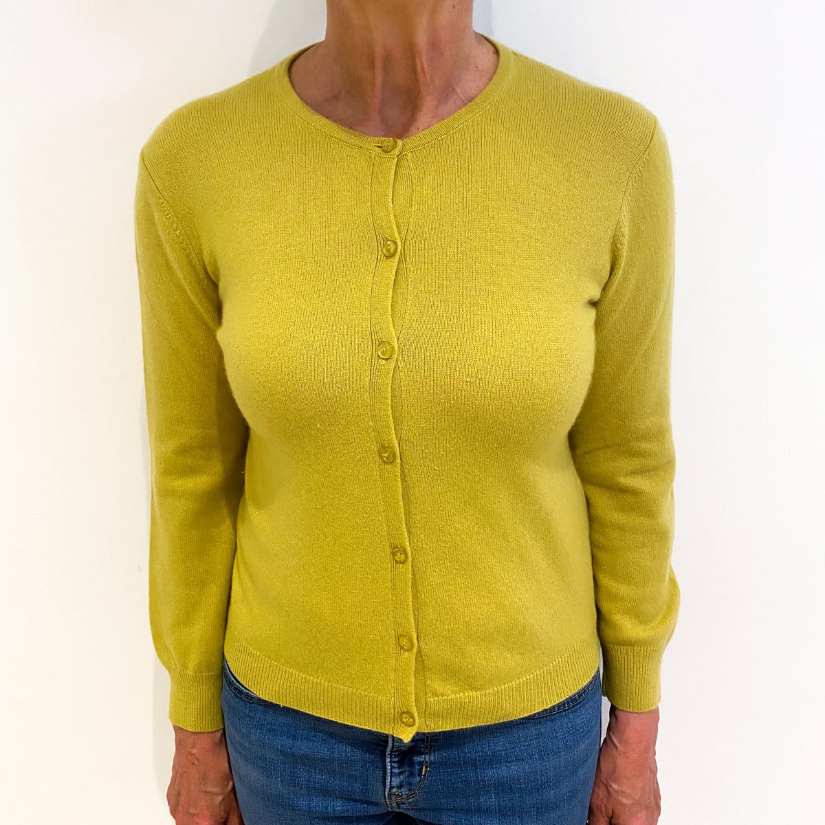 Flaxen Yellow Cashmere Crew Neck Cardigan Medium