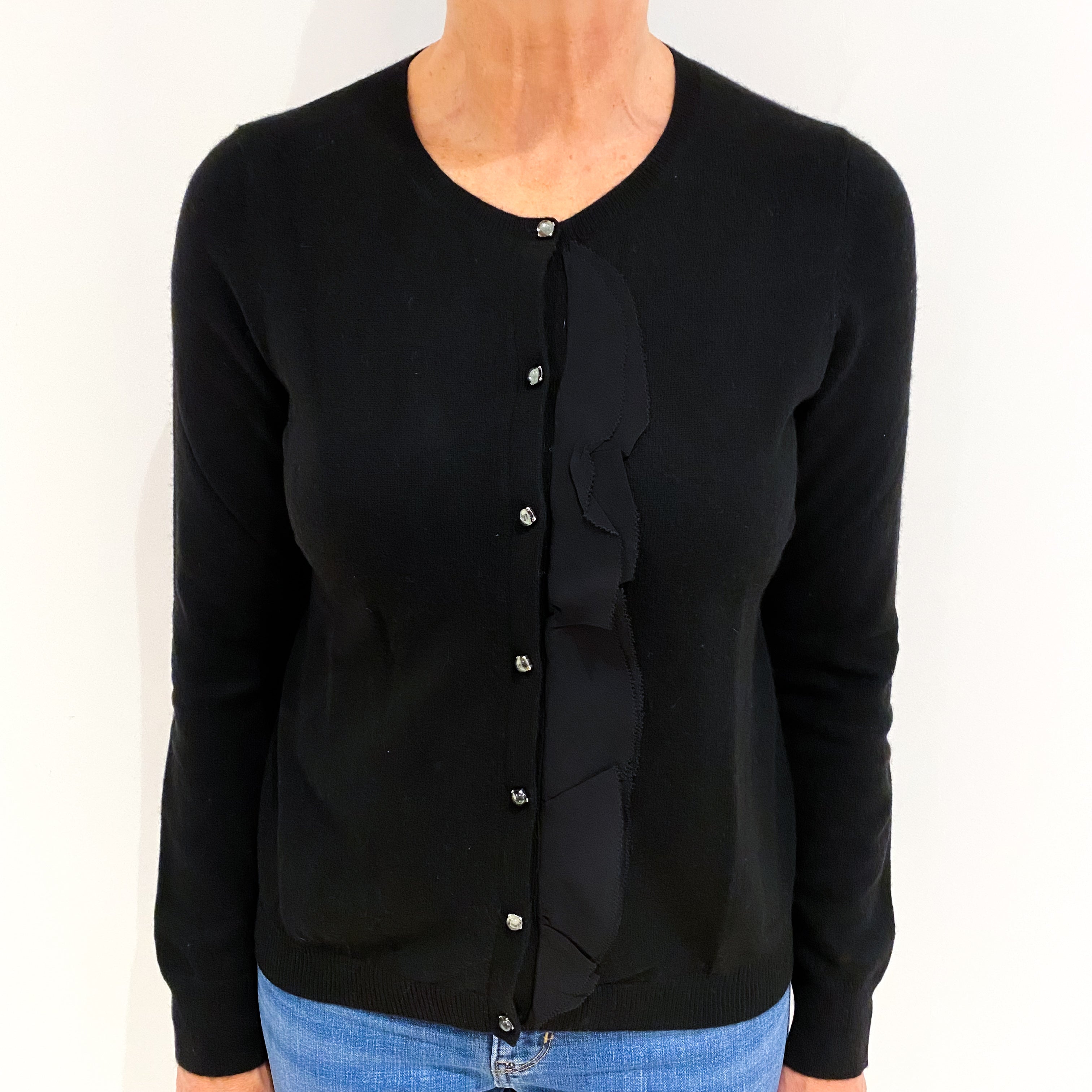 Black Chiffon Trim Cashmere Crew Neck Cardigan Medium