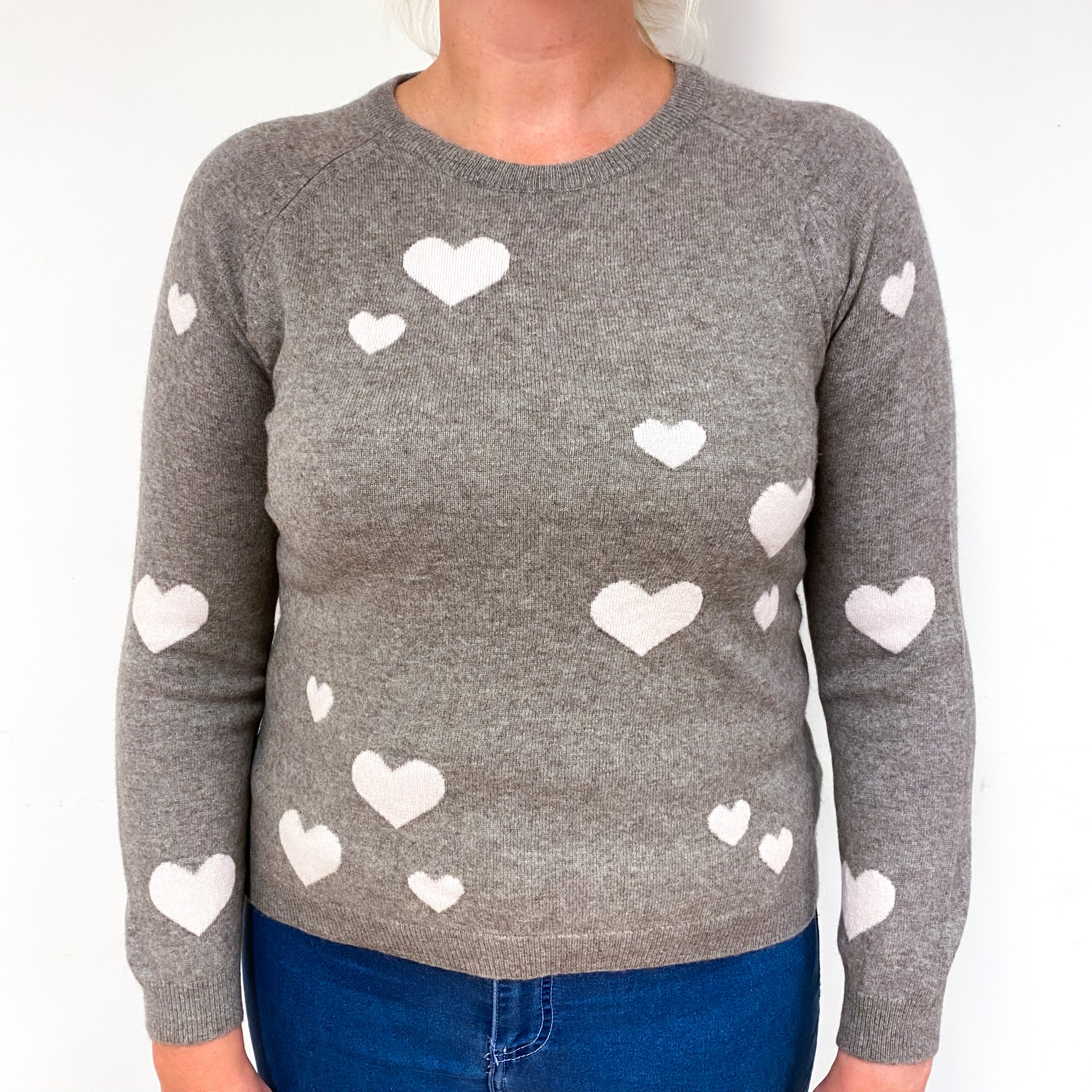 Mink Brown Pink Heart Cashmere Crew Neck Jumper Large