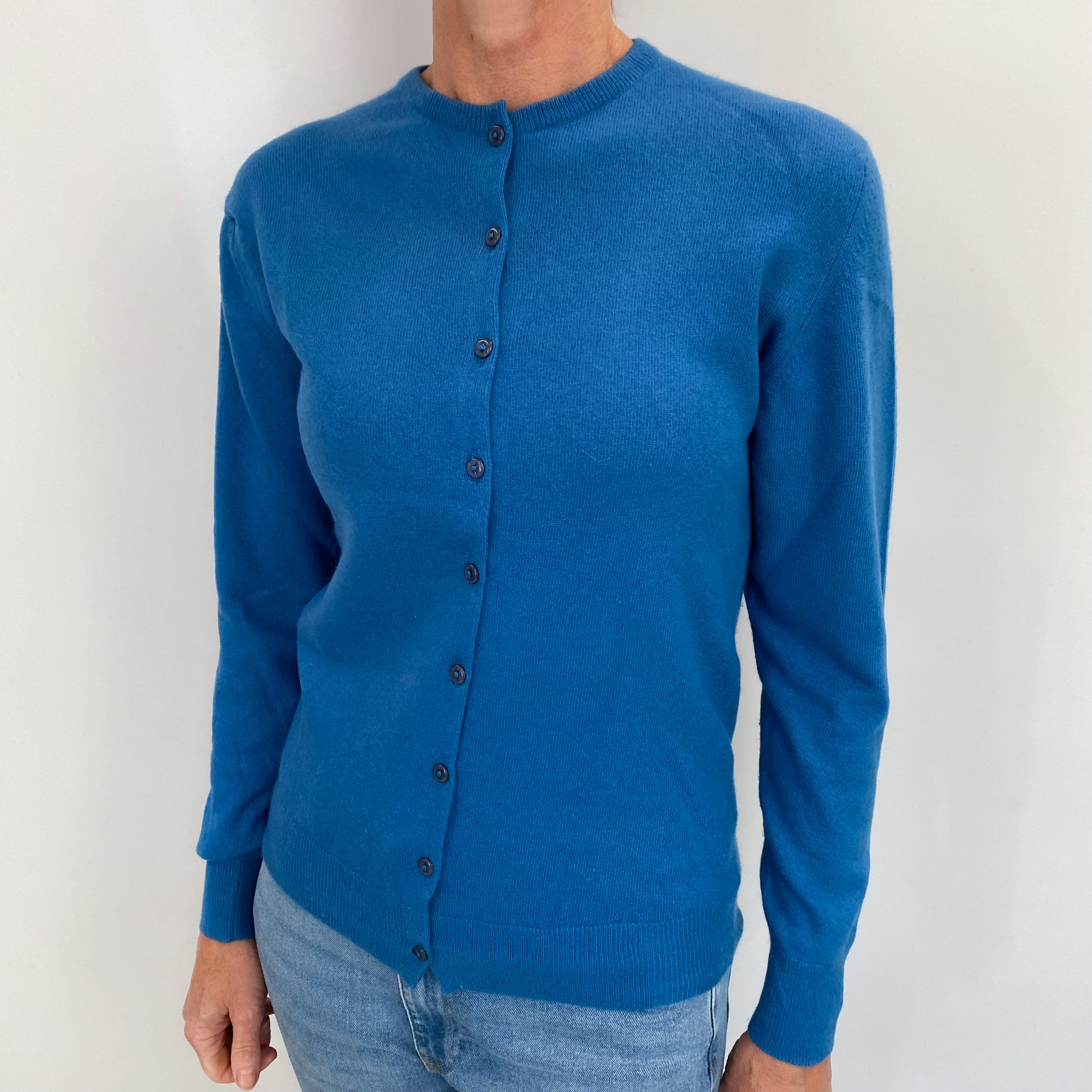 Vintage Harrods Peacock Blue Cashmere Crew Neck Cardigan Small