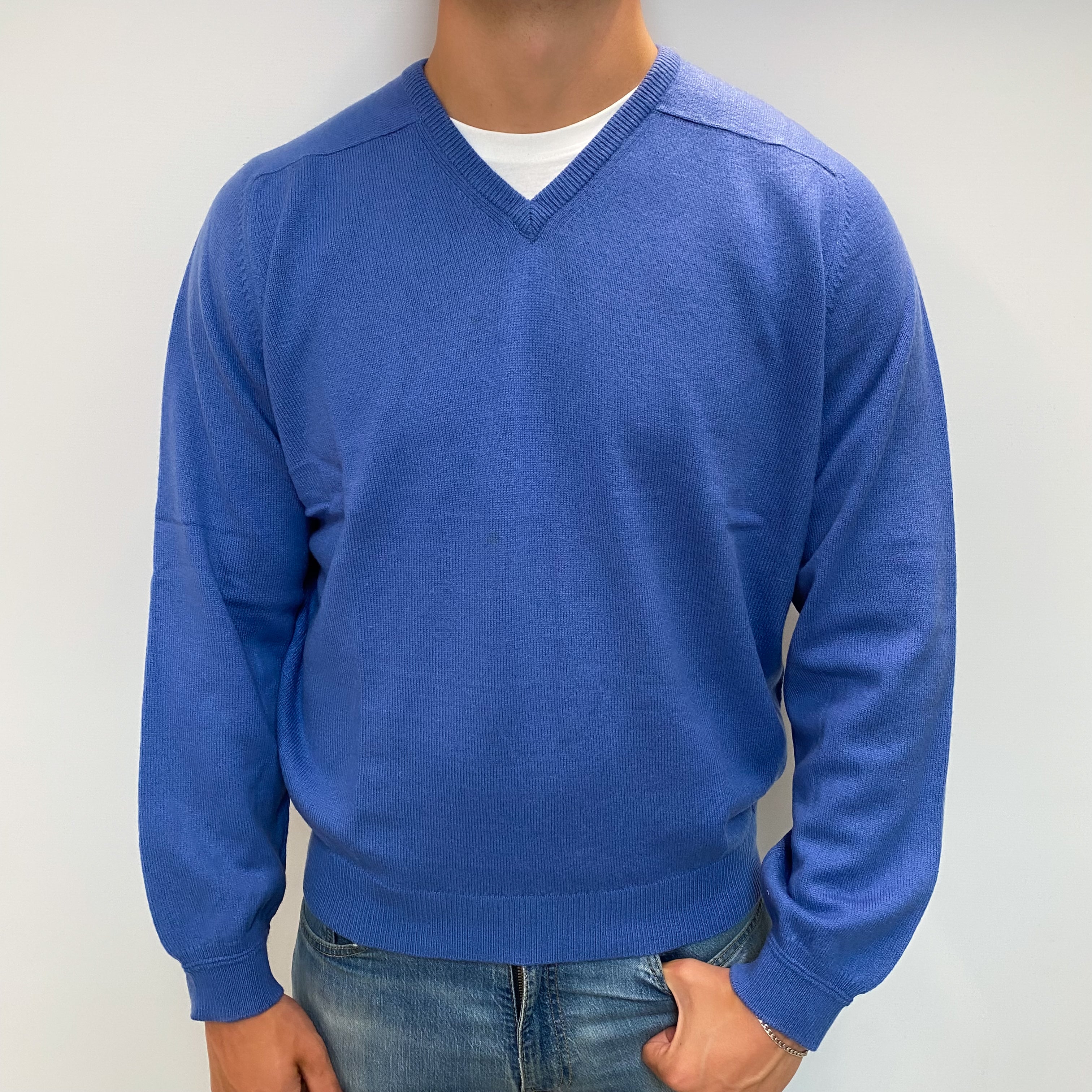 Men's Airforce Blue Cashmere V Neck Jumper XL