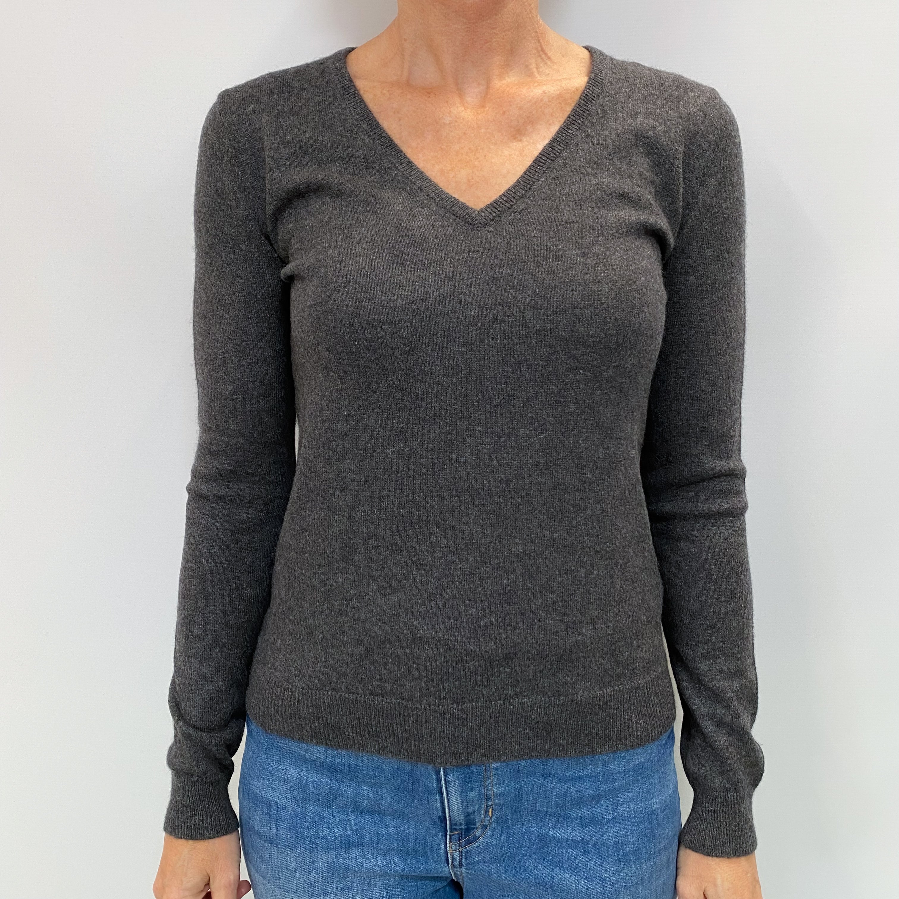 Slate Grey Cashmere V Neck Jumper Small