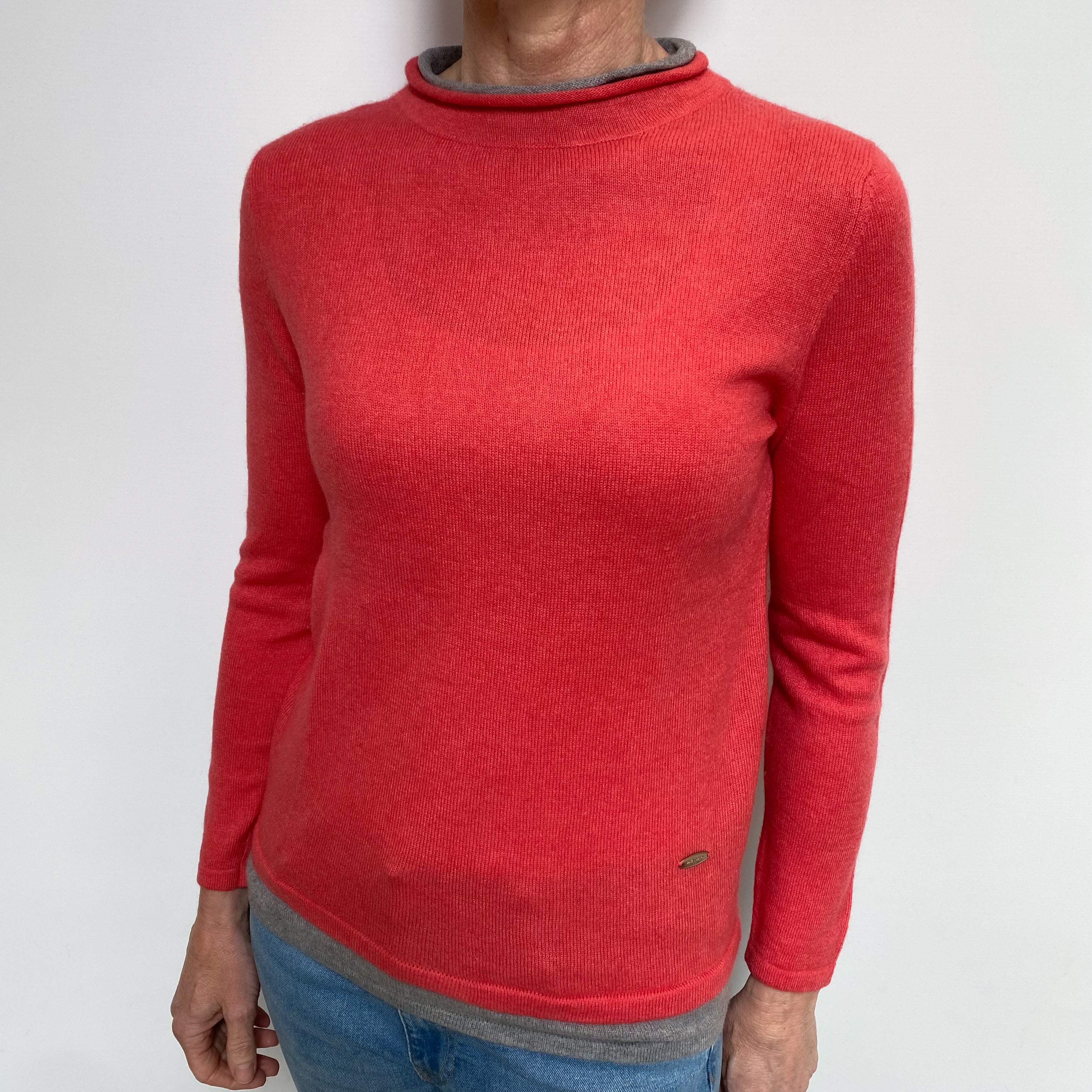 Deep Coral Pink Cashmere Turtle Neck Jumper Small