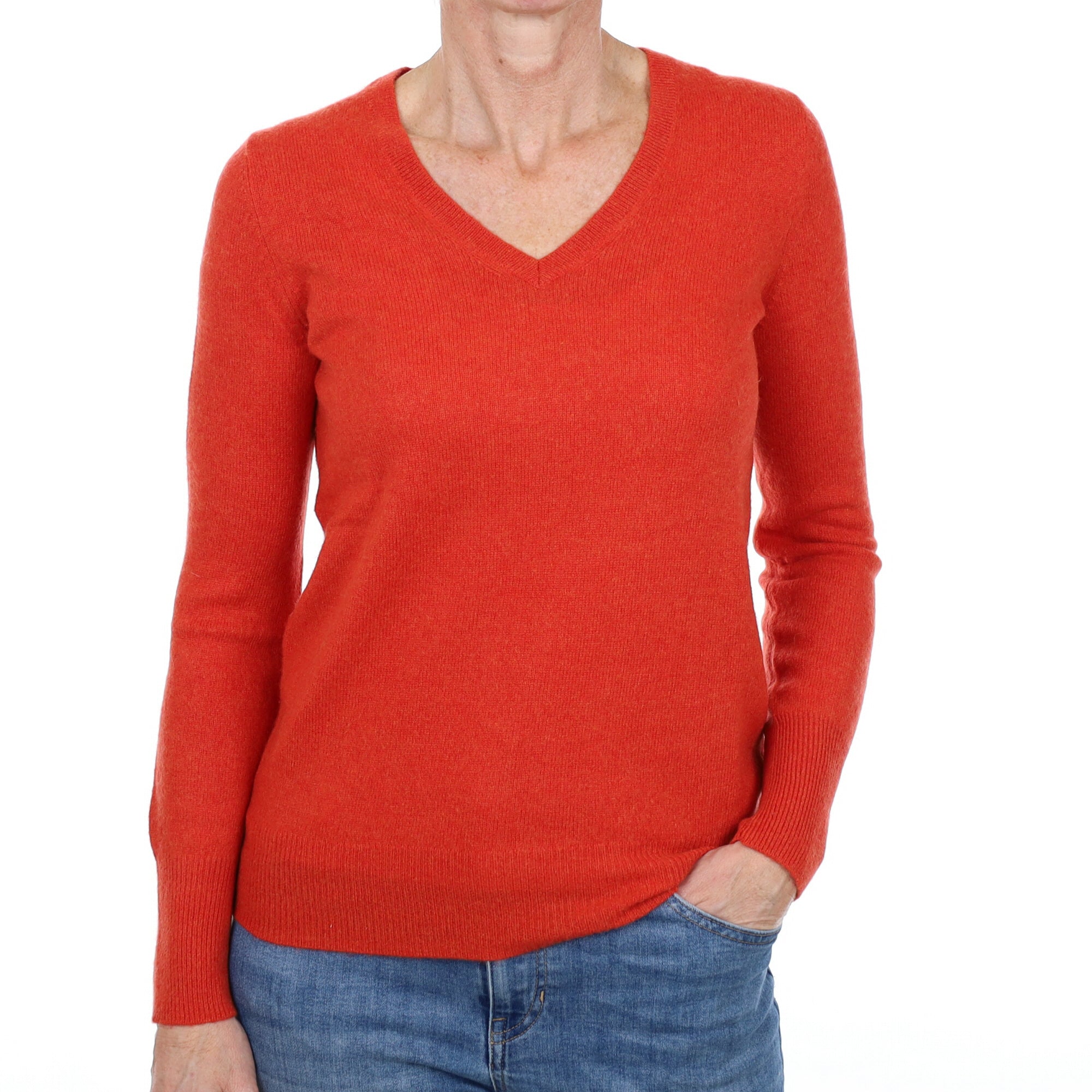 Burnt Orange Cashmere V Neck Jumper Small