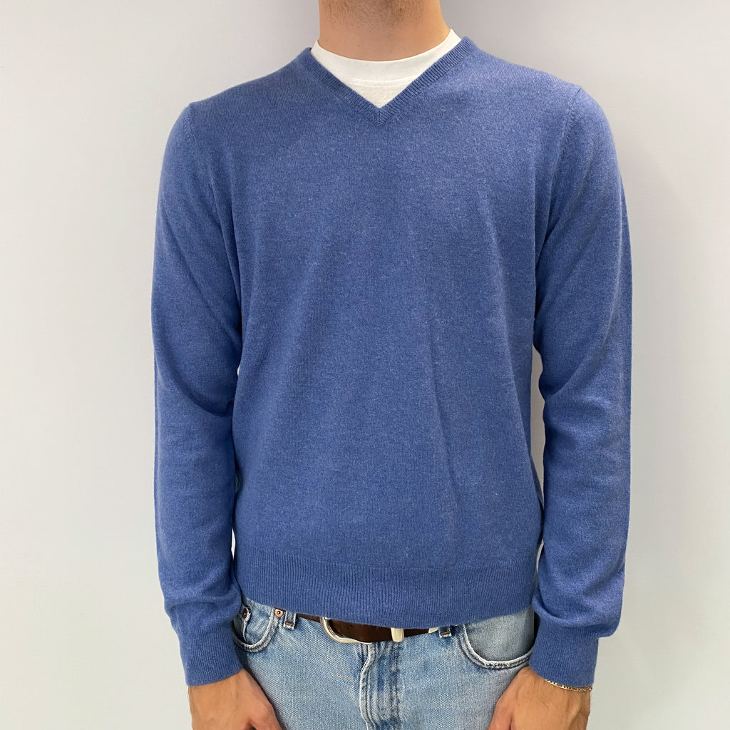 Men's Tanzanite Blue Cashmere V Neck Jumper Medium