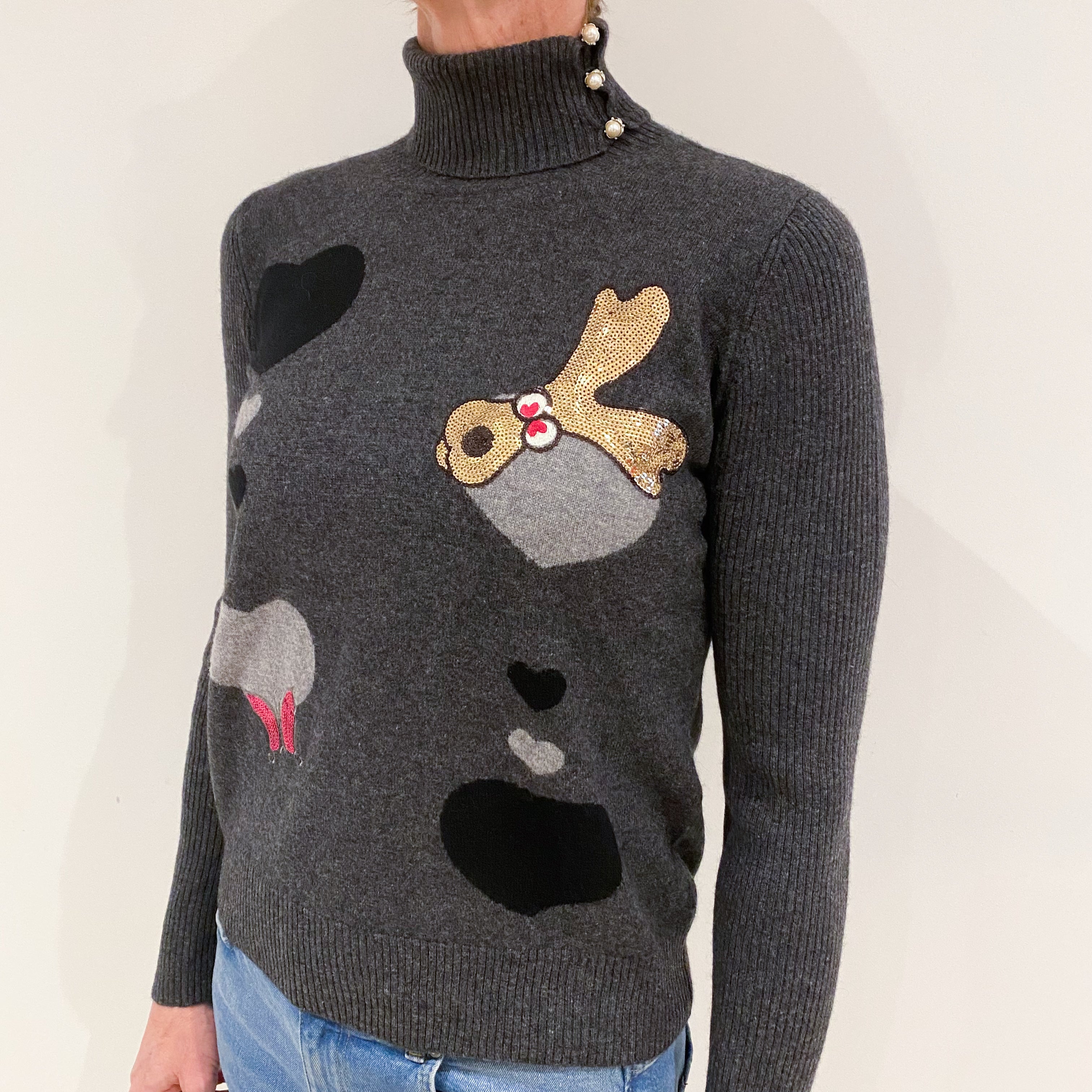 Slate Grey Embellished Cashmere Polo Neck Jumper Small