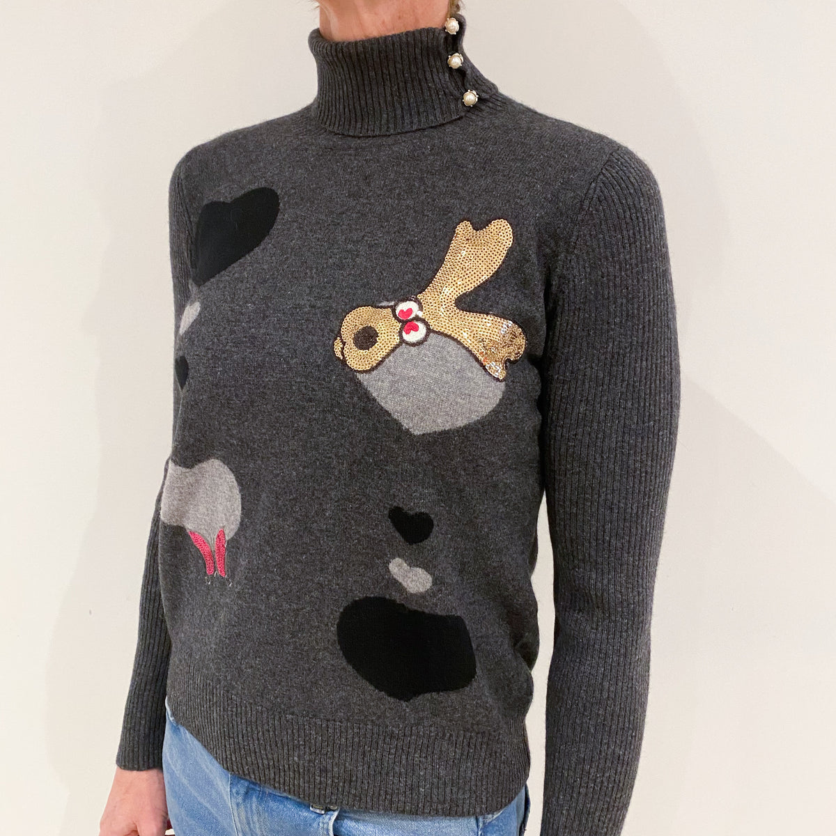 Slate Grey Embellished Cashmere Polo Neck Jumper Small