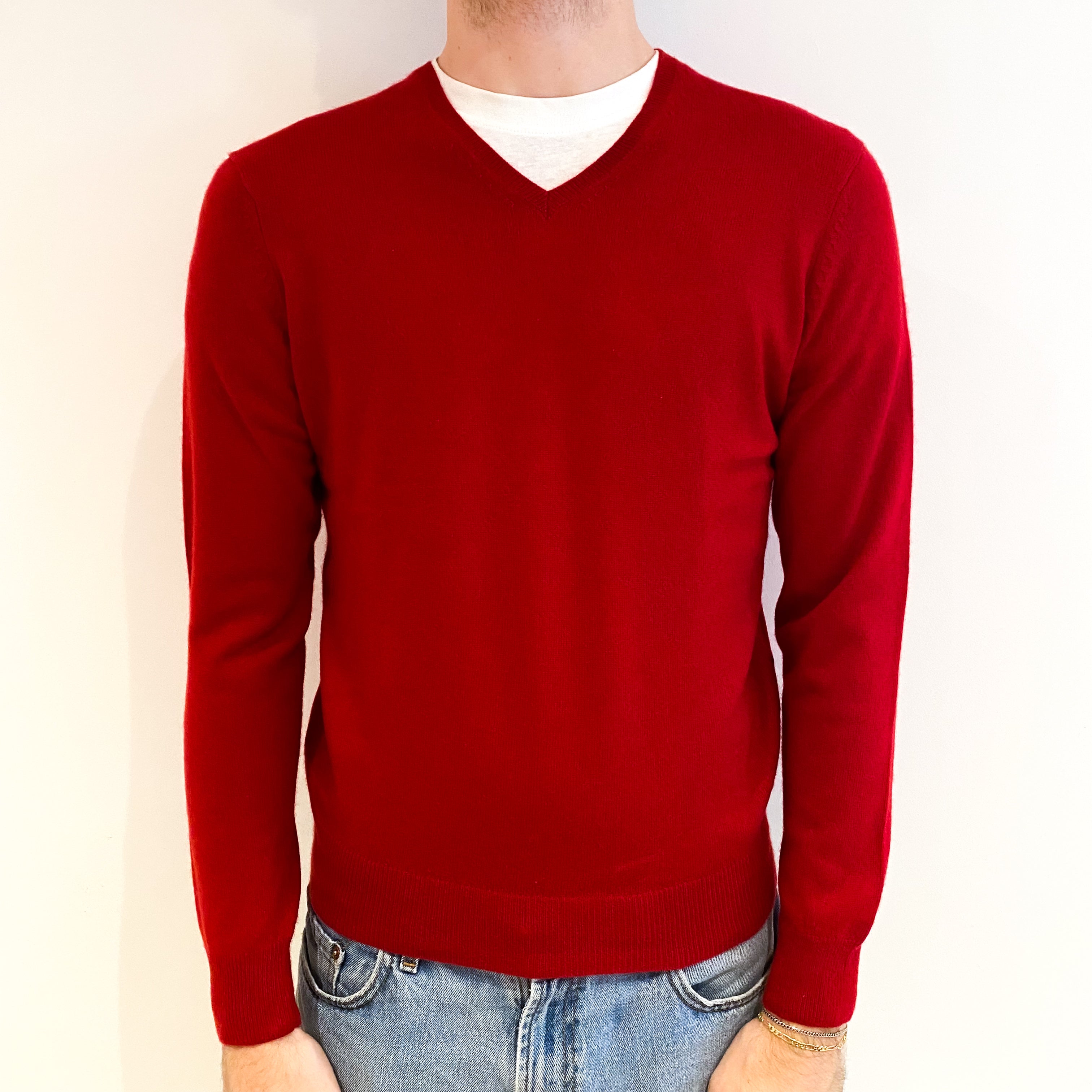 Men's Post Box Red Cashmere V Neck Jumper Medium