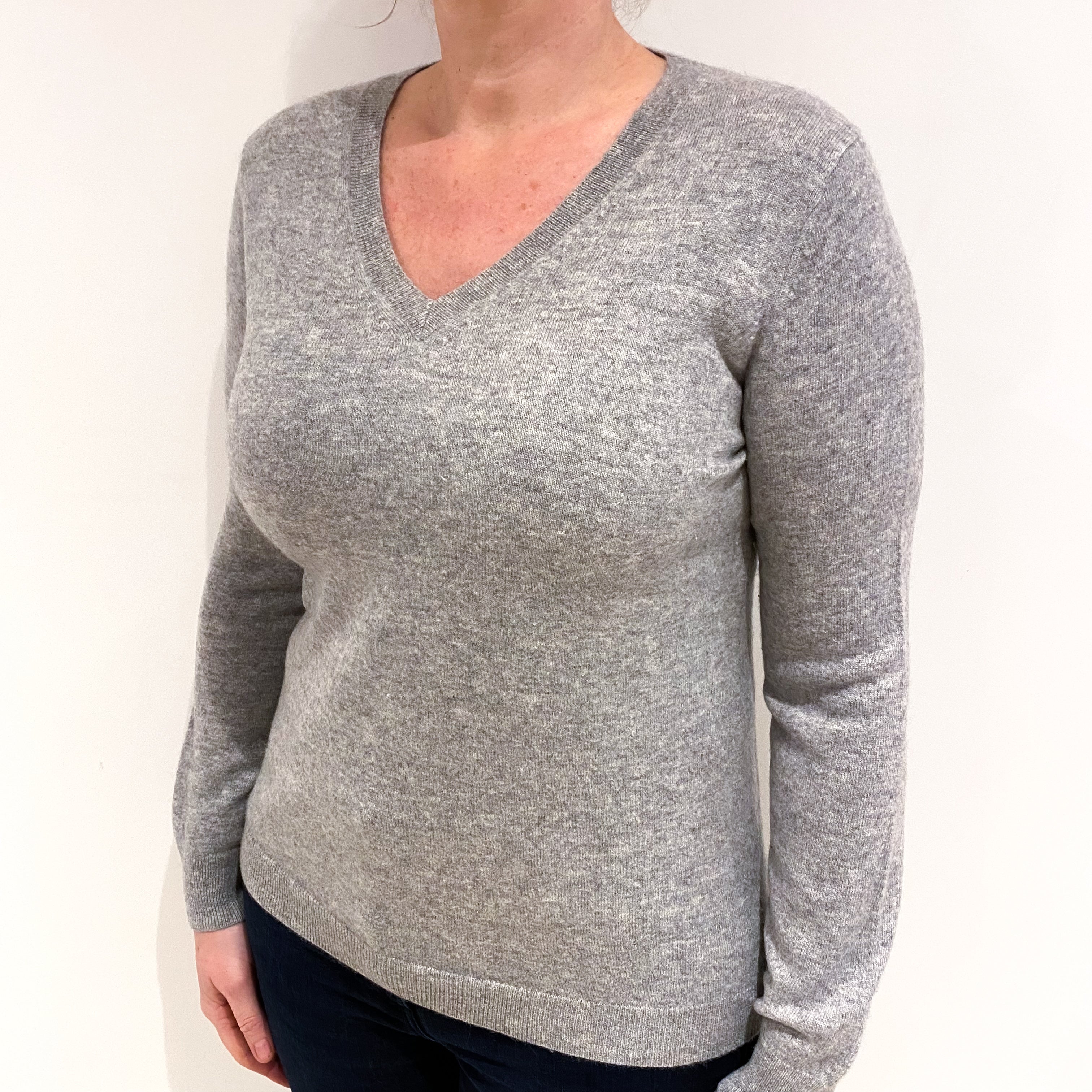 Smoke Grey Cashmere V Neck Jumper Large