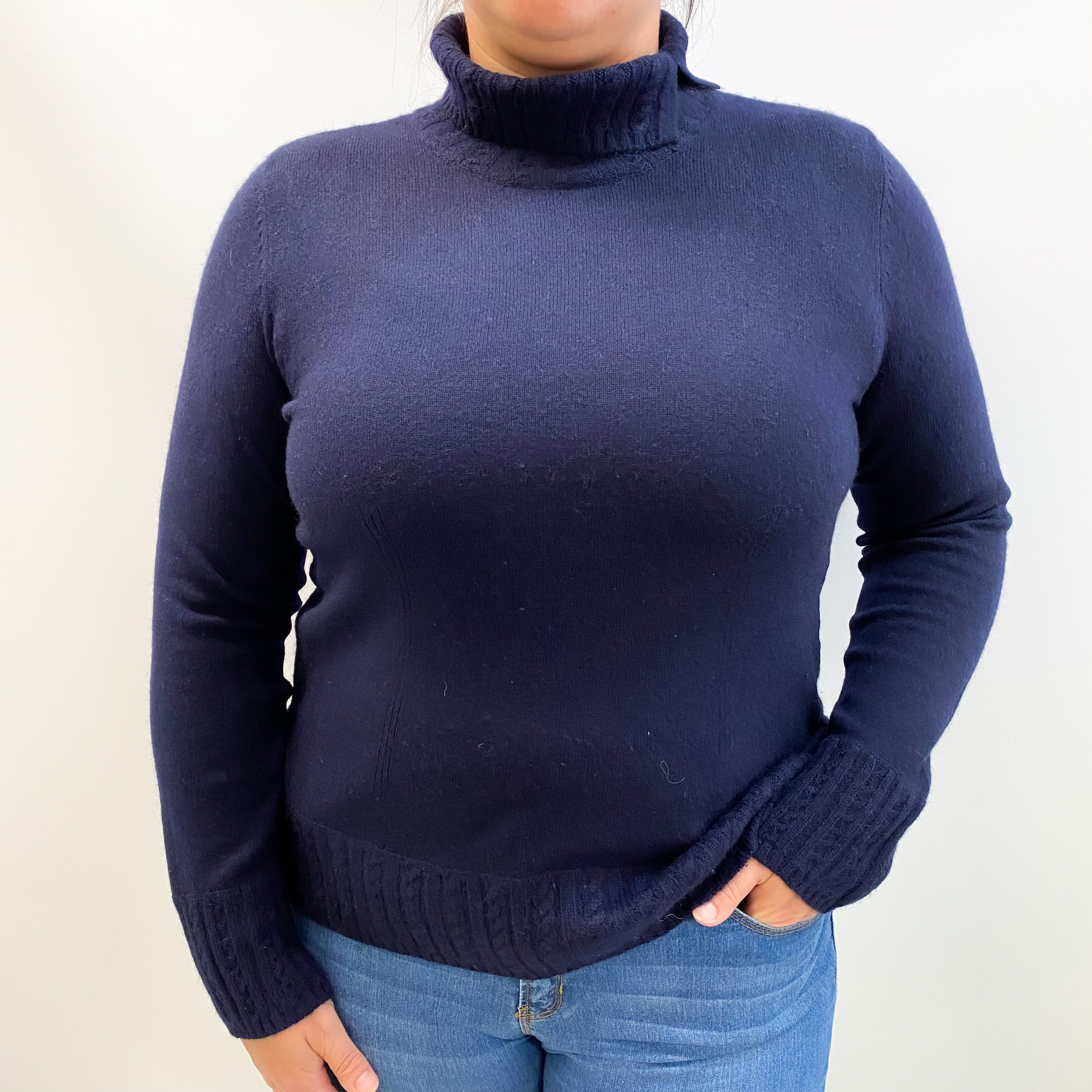 Deep Navy Blue Cashmere Split Polo Neck Jumper Large