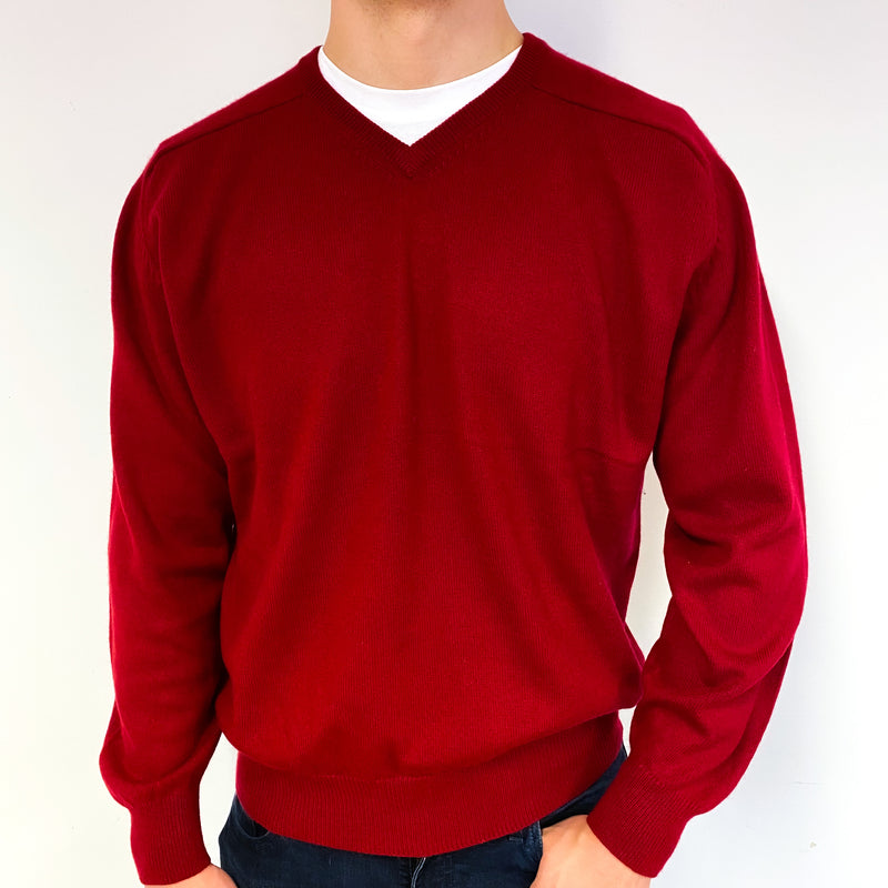 Men's Crimson Red Cashmere V-Neck Jumper Extra Large