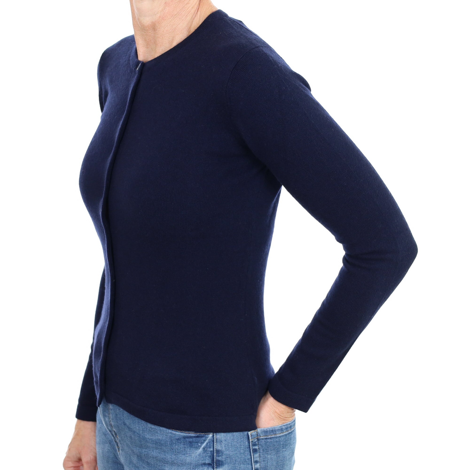 New Navy Blue Cashmere Crew Neck Cardigan Small