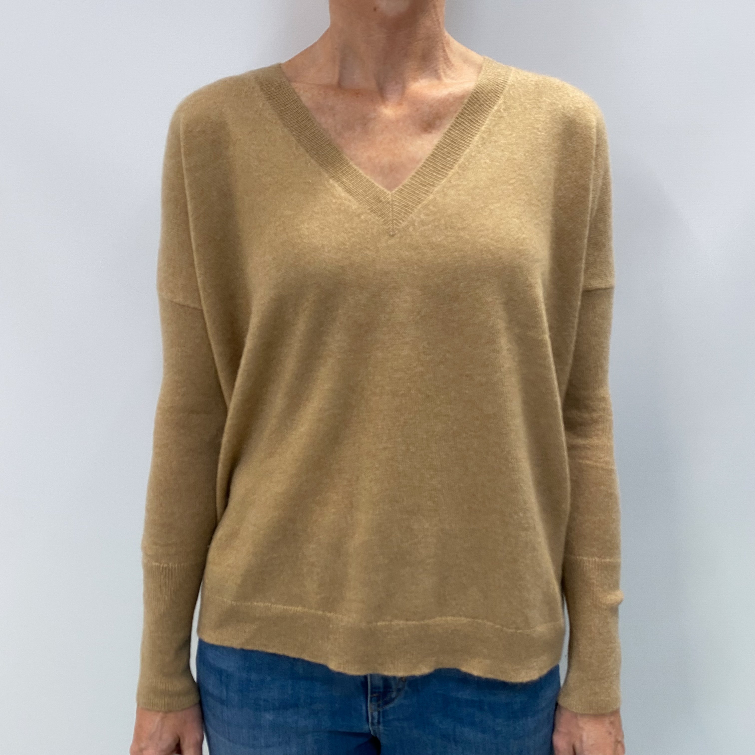Camel Brown Cashmere V Neck Jumper Small