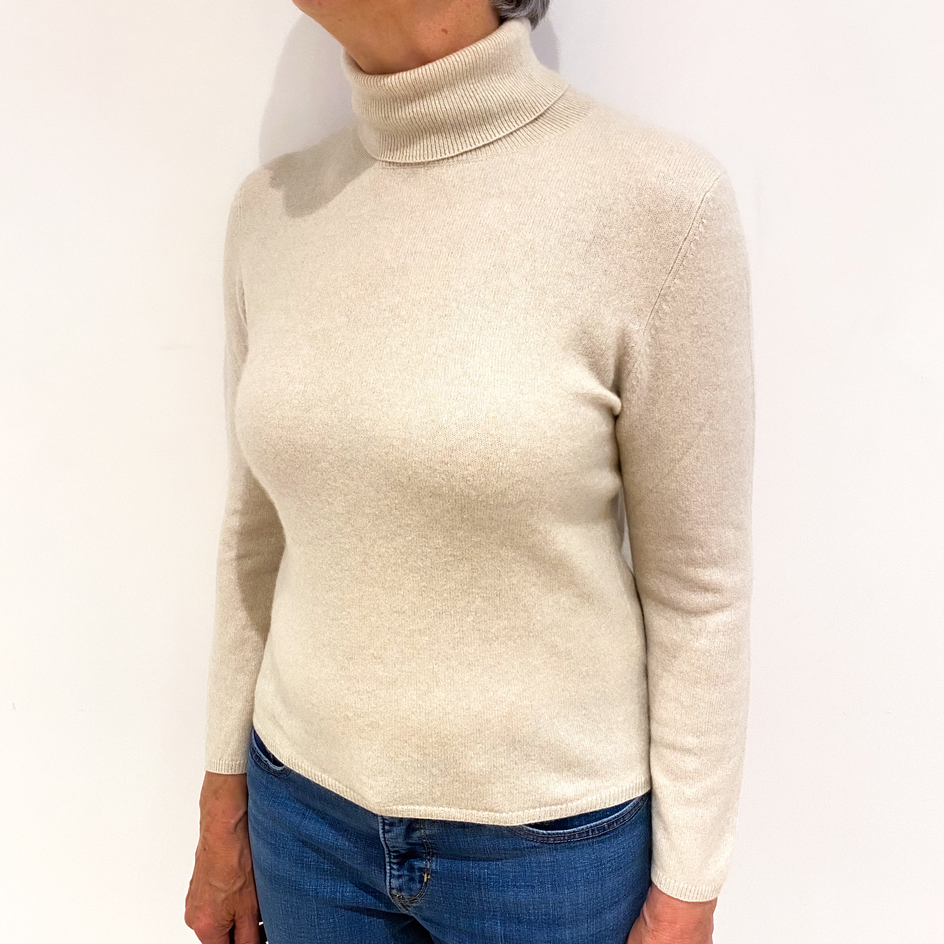 Oatmeal Beige Cashmere Polo Neck Jumper Medium