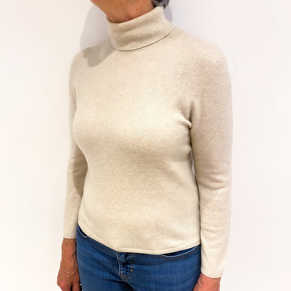 Oatmeal Beige Cashmere Polo Neck Jumper Medium