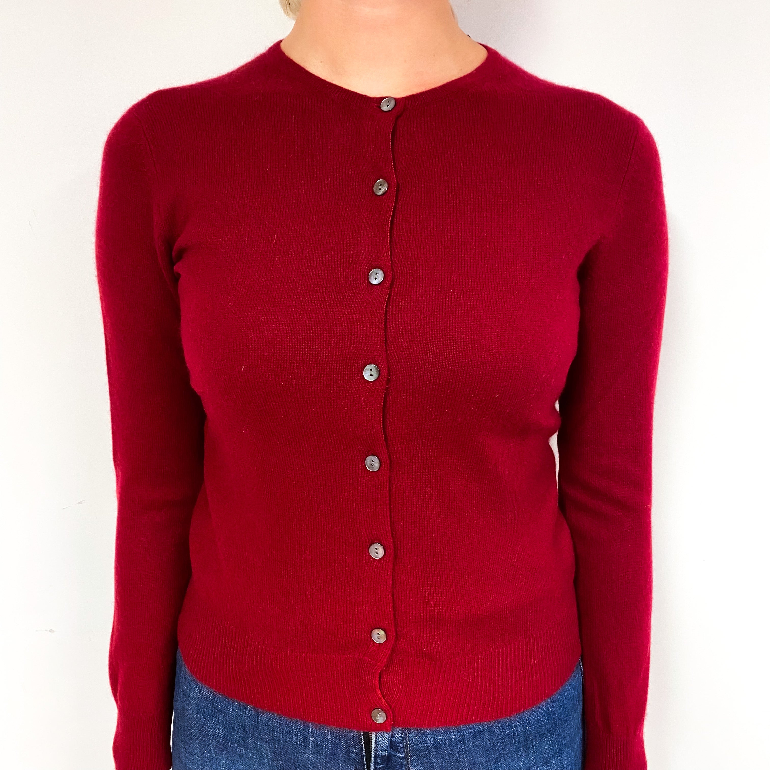 Garnet Red Cashmere Crew Neck Cardigan Small