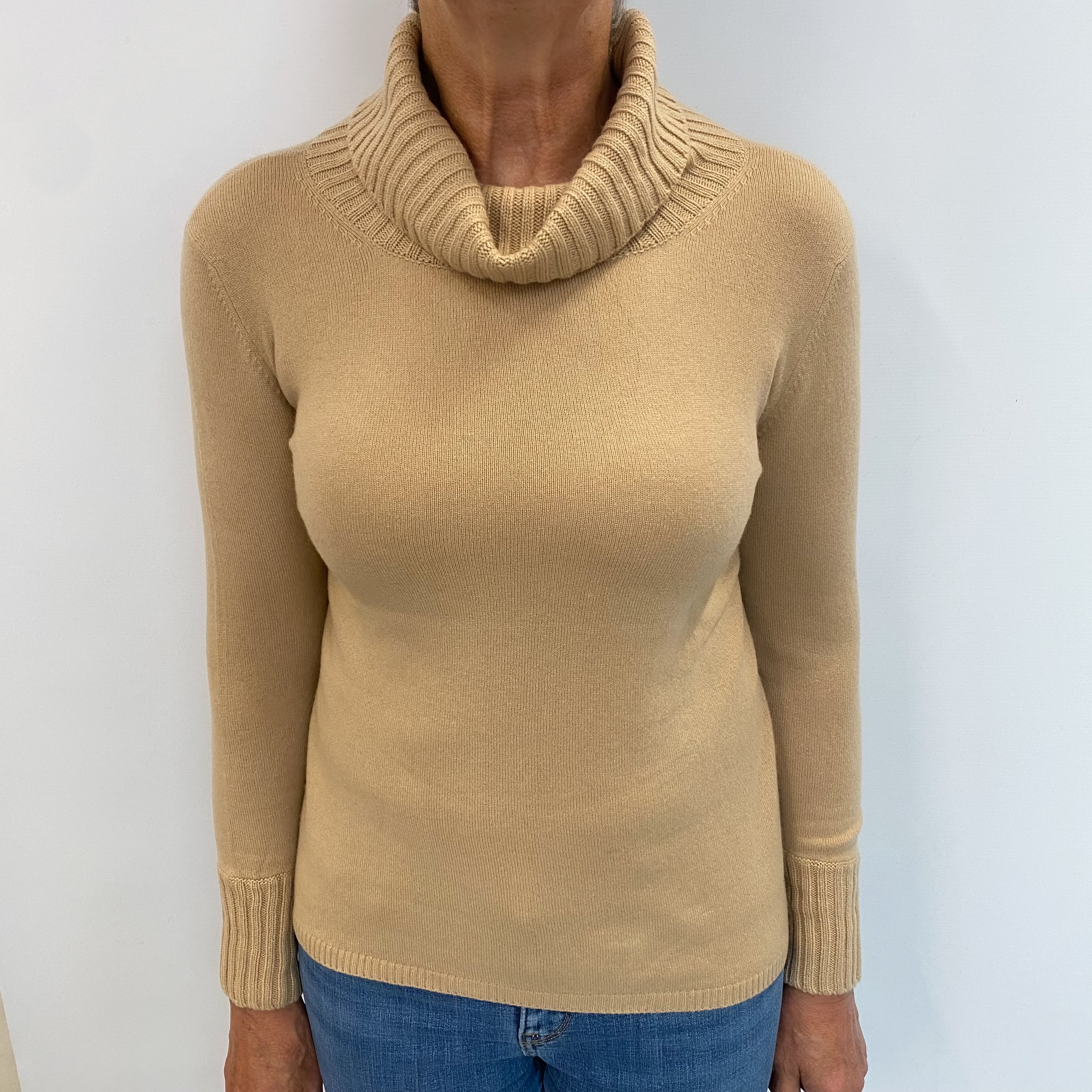 Camel Brown Cashmere Polo Neck Jumper Medium