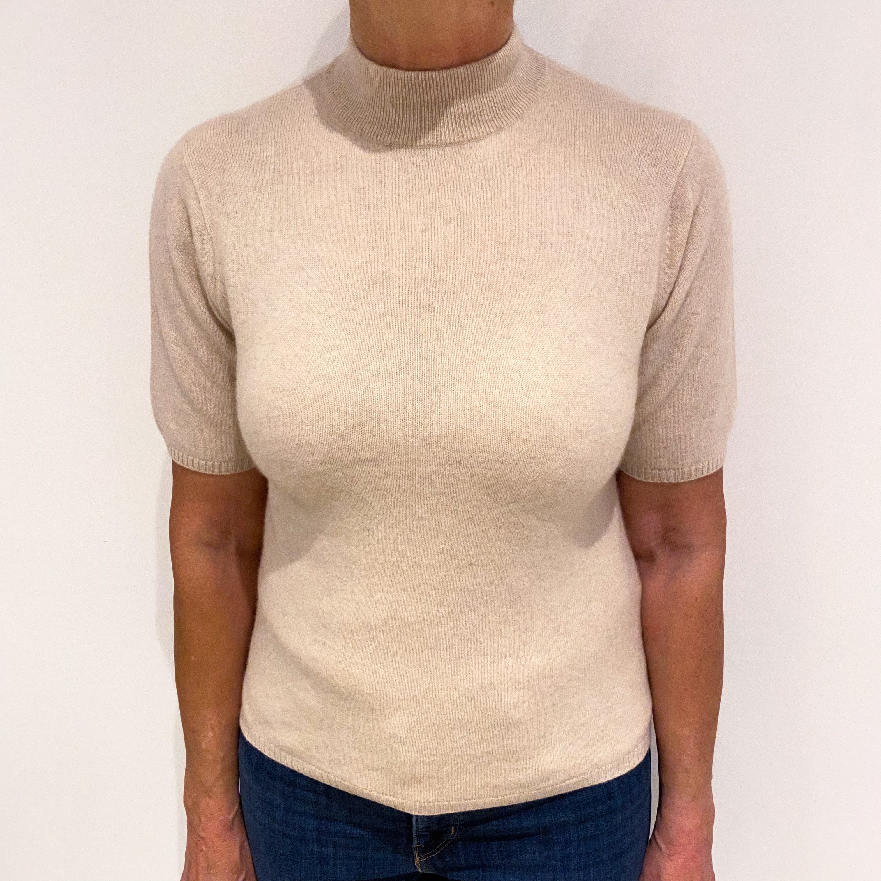 Buff Beige Cashmere Short Sleeved Turtle Neck Jumper Medium