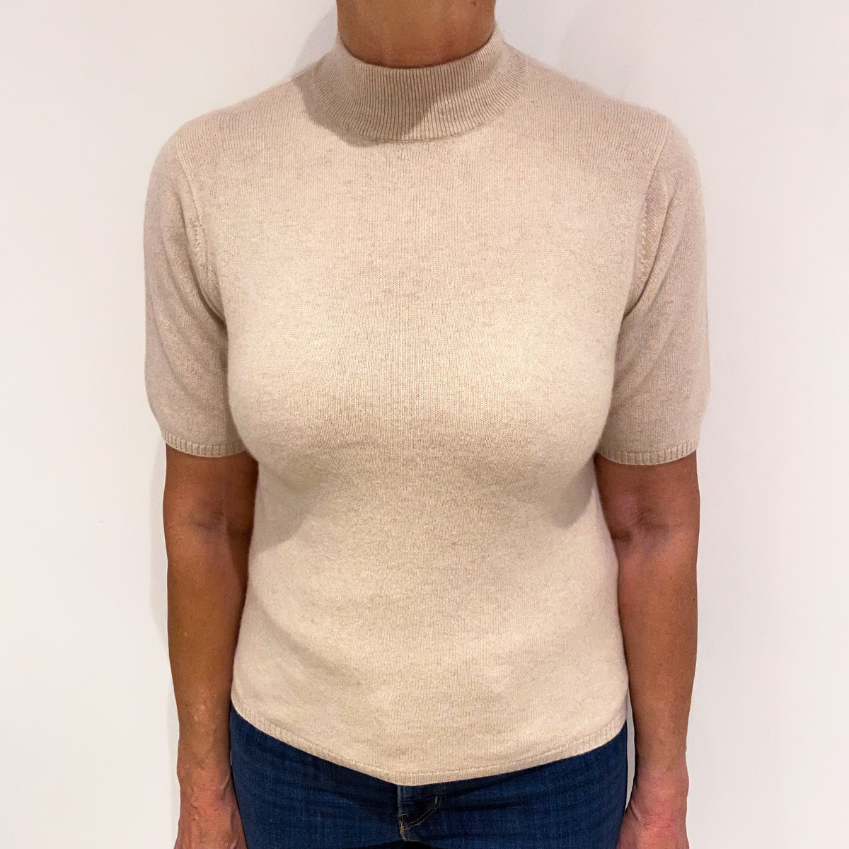 Buff Beige Cashmere Short Sleeved Turtle Neck Jumper Medium
