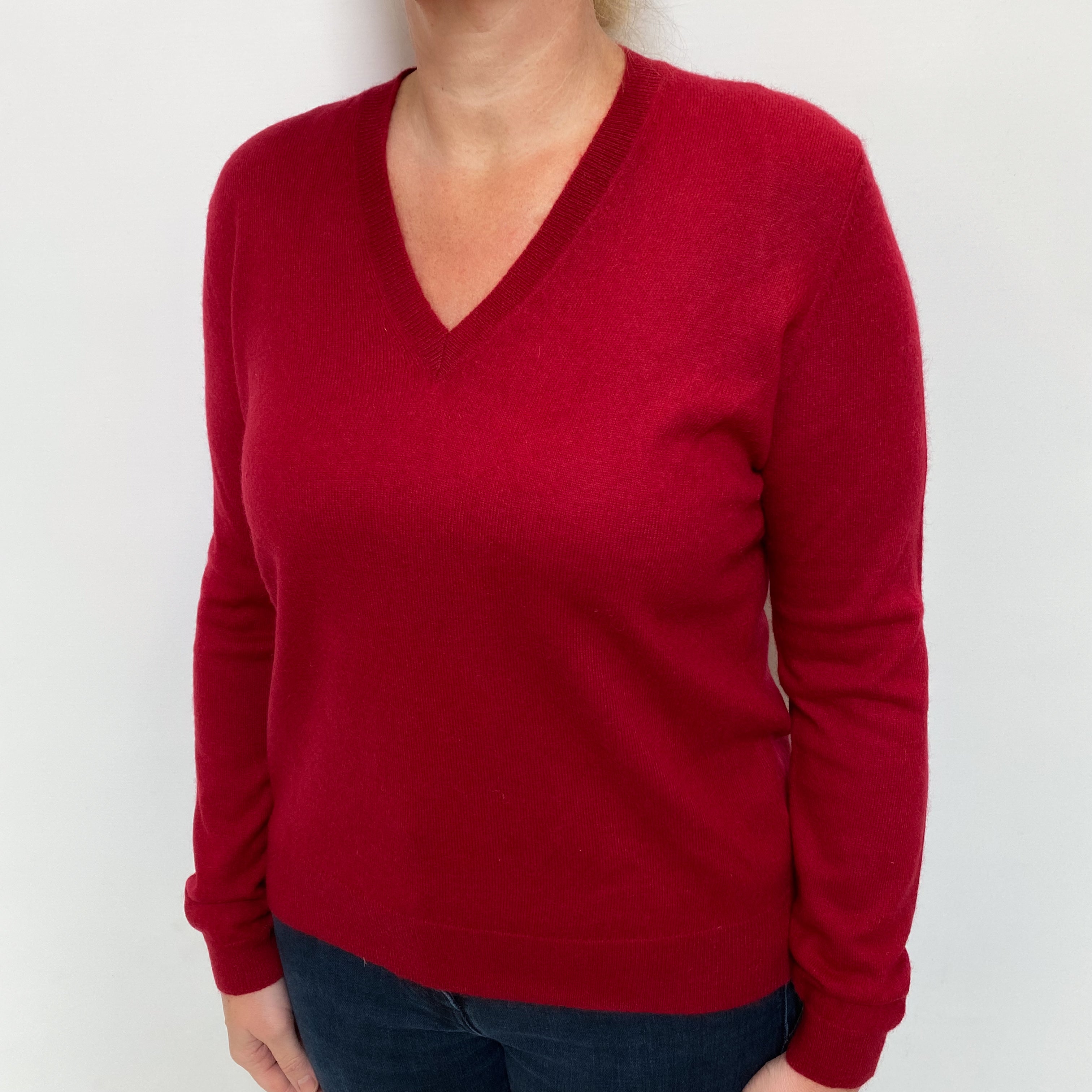 Crimson Red Cashmere V Neck Jumper Large
