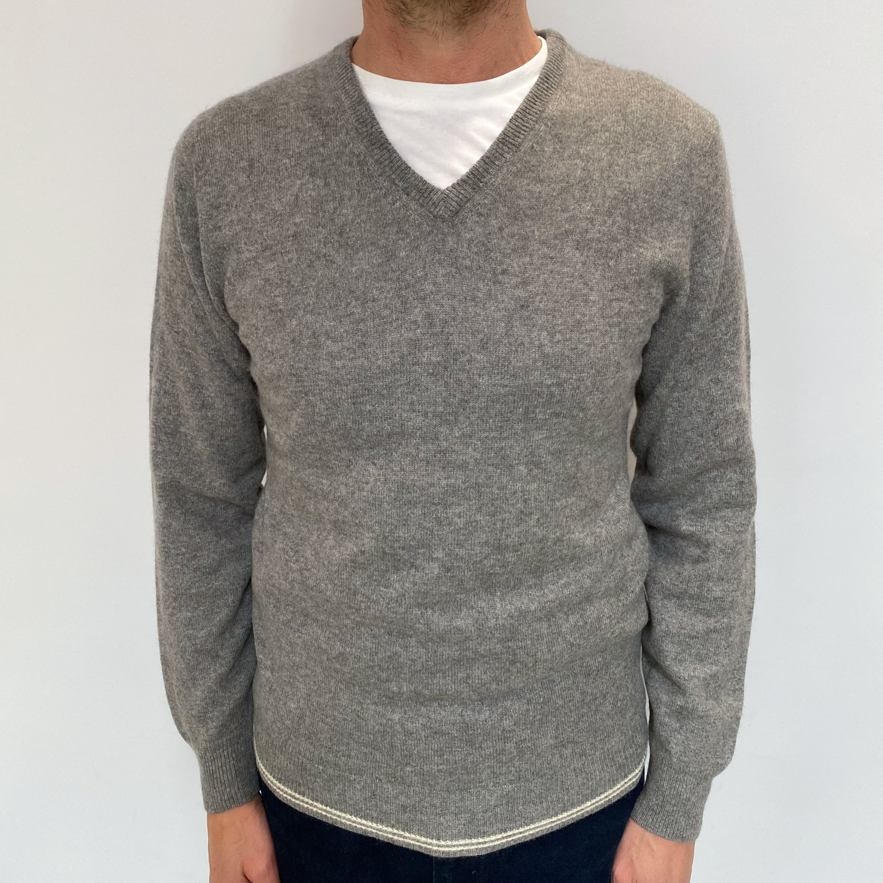 Men's Ash Grey Cashmere V Neck Jumper Small