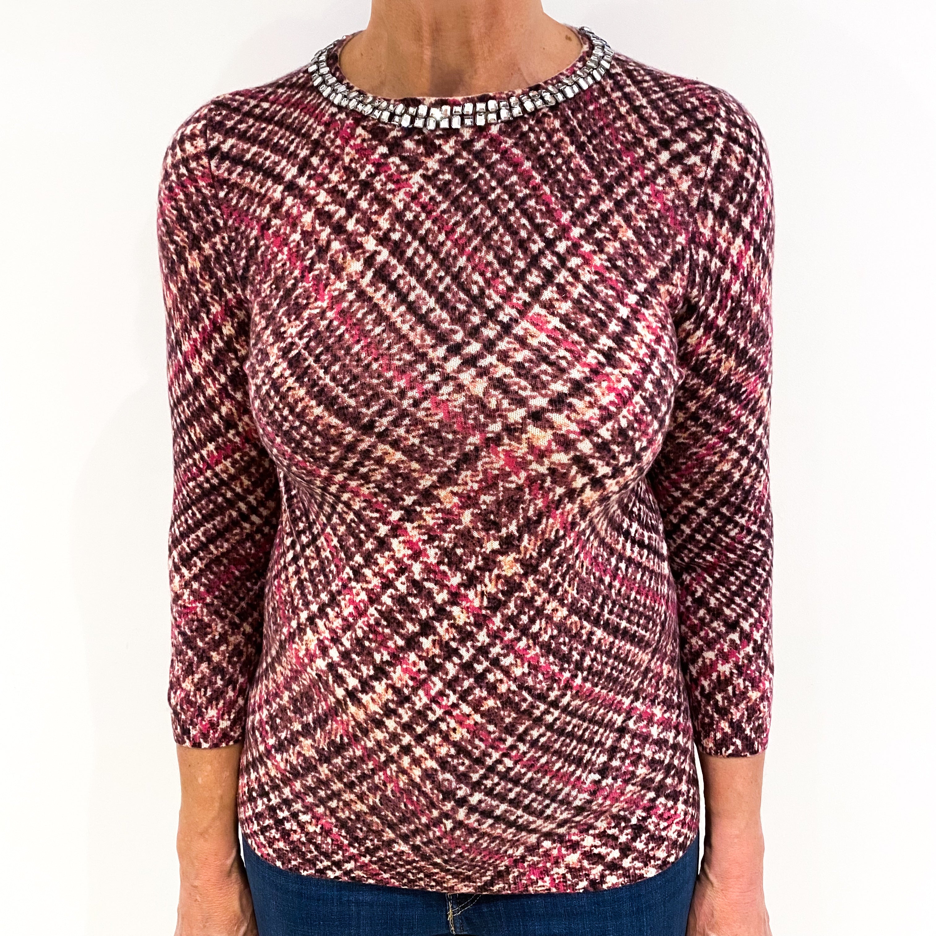 Plum Patterned Cashmere Diamanté Crew Neck Jumper Medium