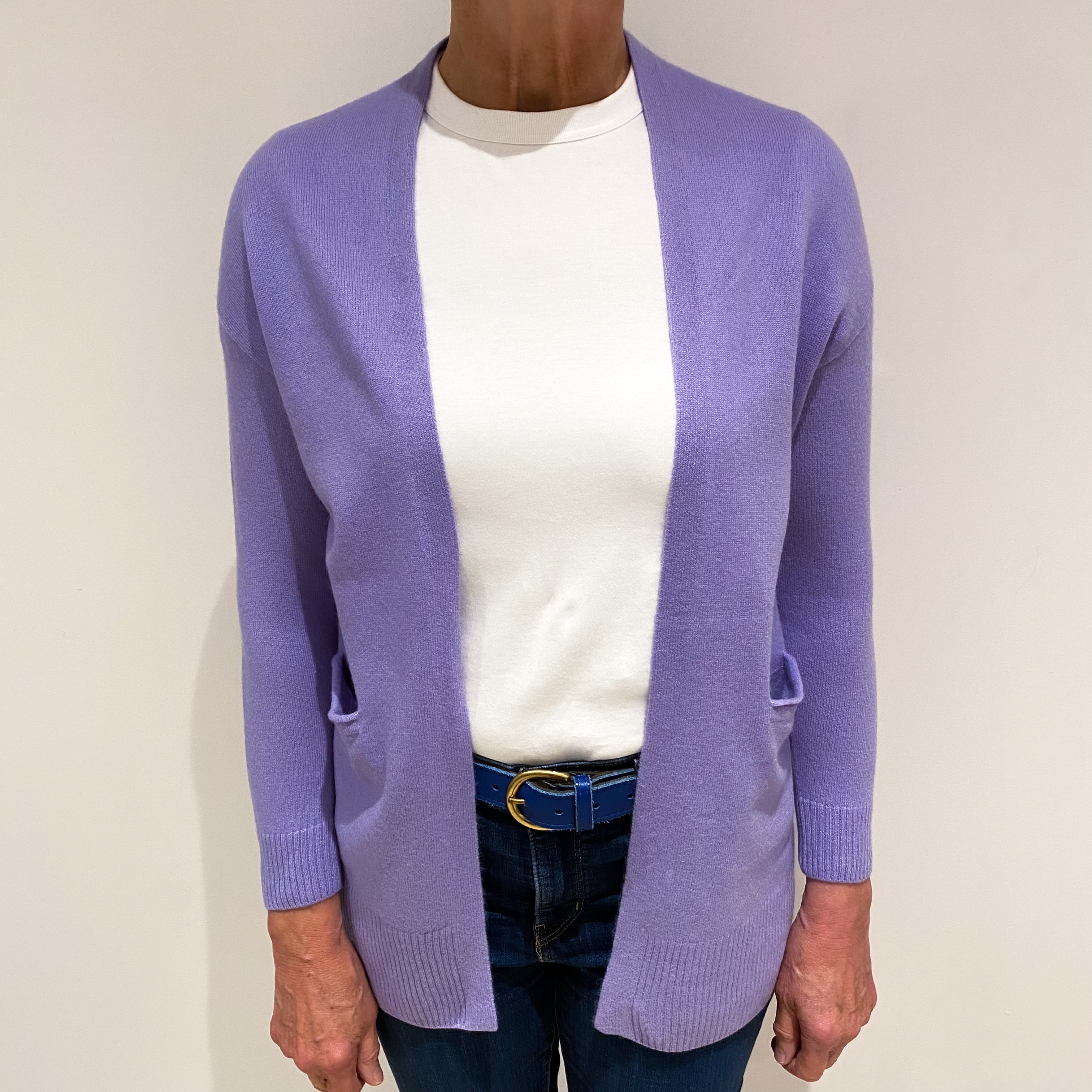 Lavender Purple Cashmere Edge to Edge Cardigan with Front Pockets Medium