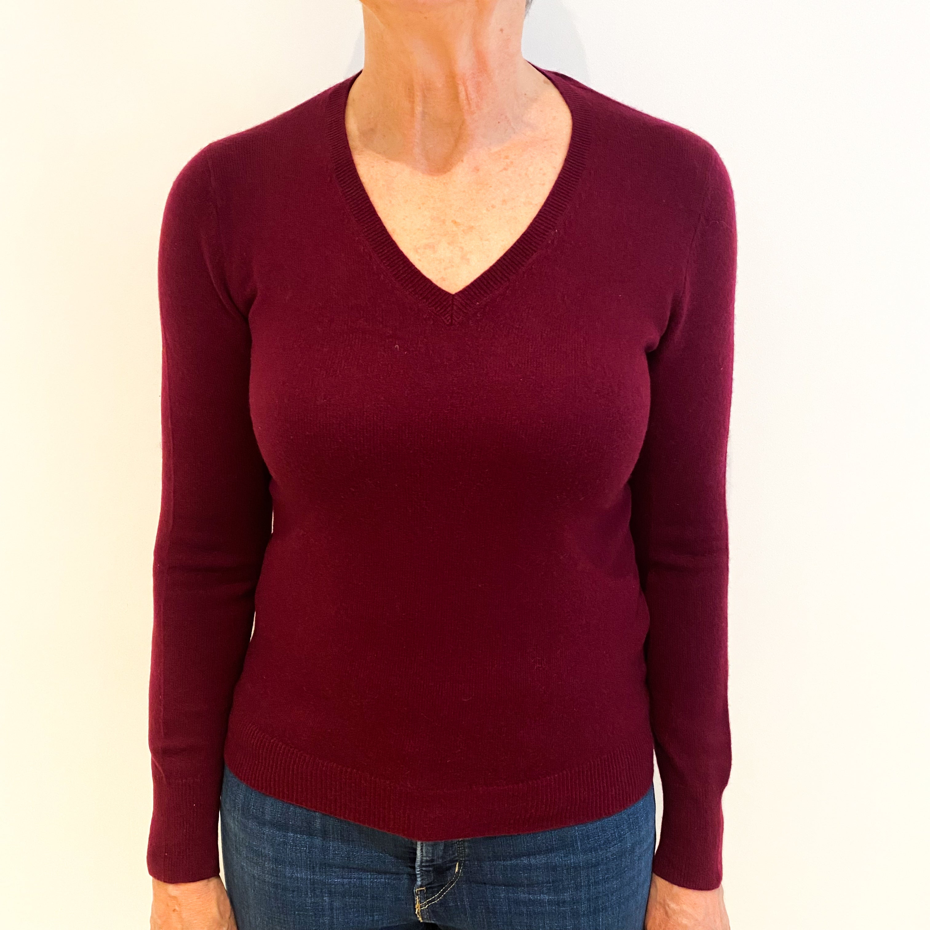 Burgundy Red Cashmere V Neck Jumper Medium