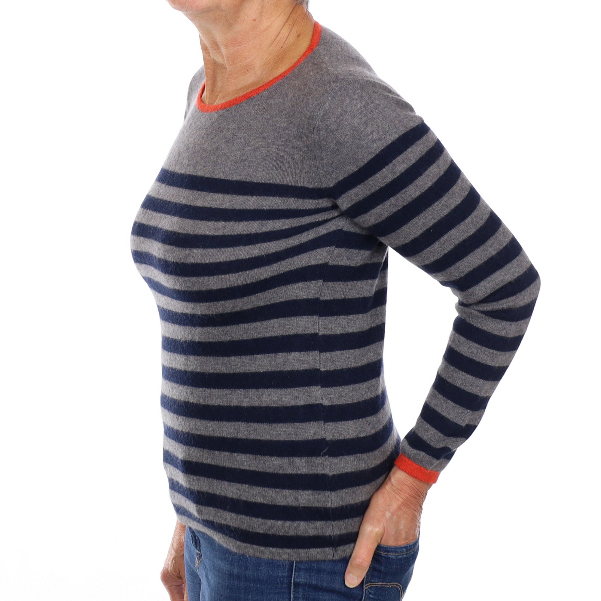 Italian Grey Navy Stripe Cashmere Crew Neck Jumper Medium