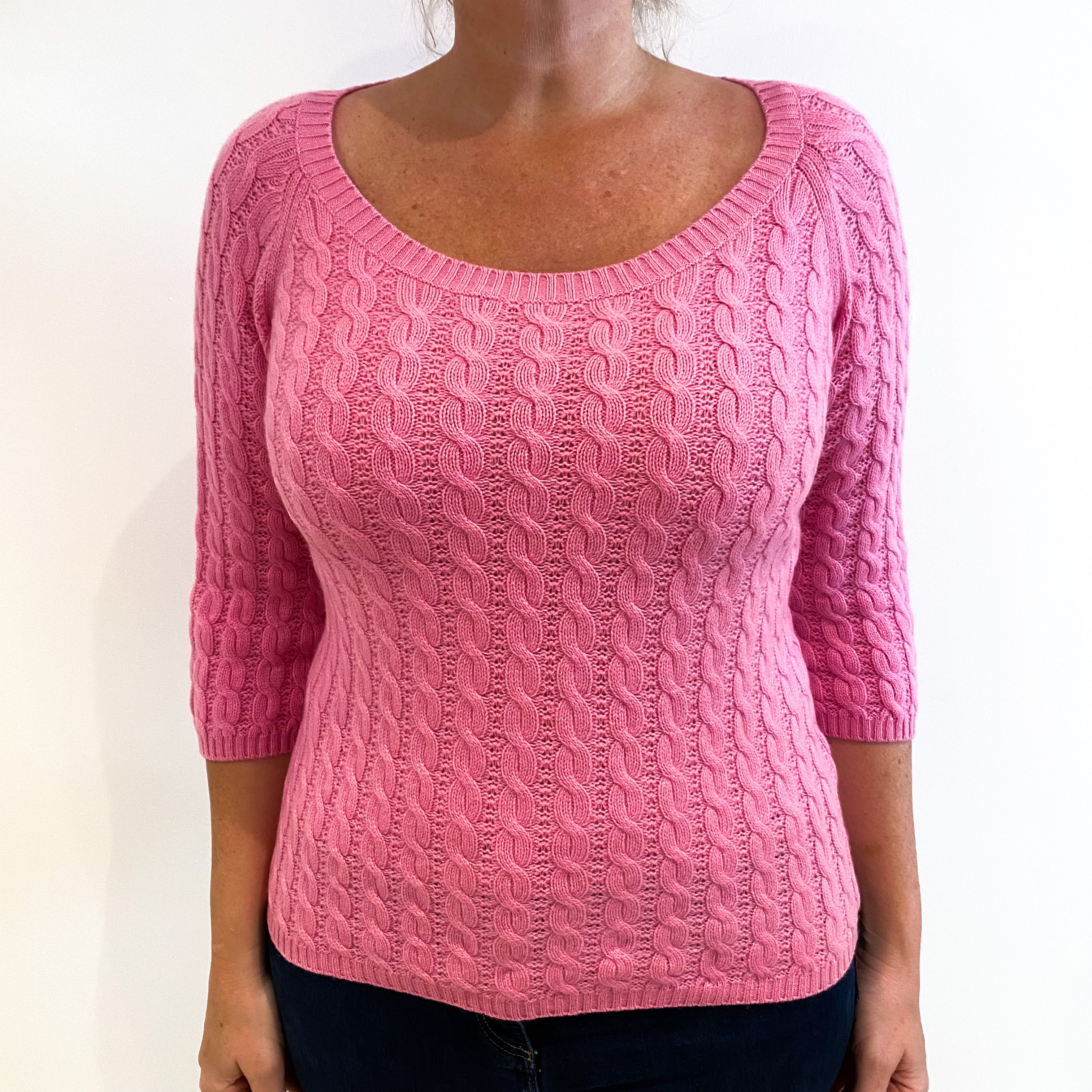 Sweat Pea Pink Cable Knit 3/4 Sleeved Cashmere Crew Neck Jumper Large
