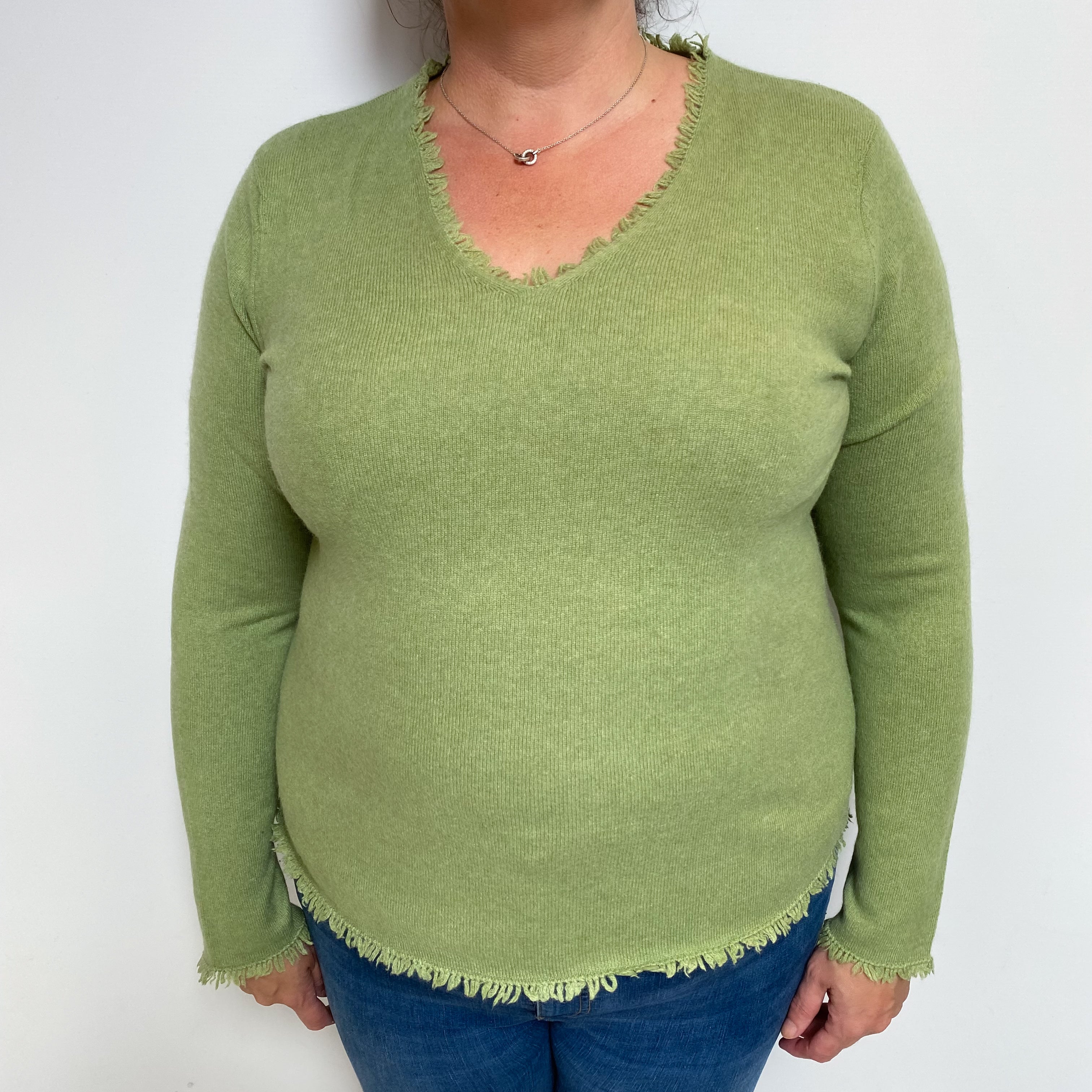 Pear Green Cashmere V Neck Jumper Extra Large