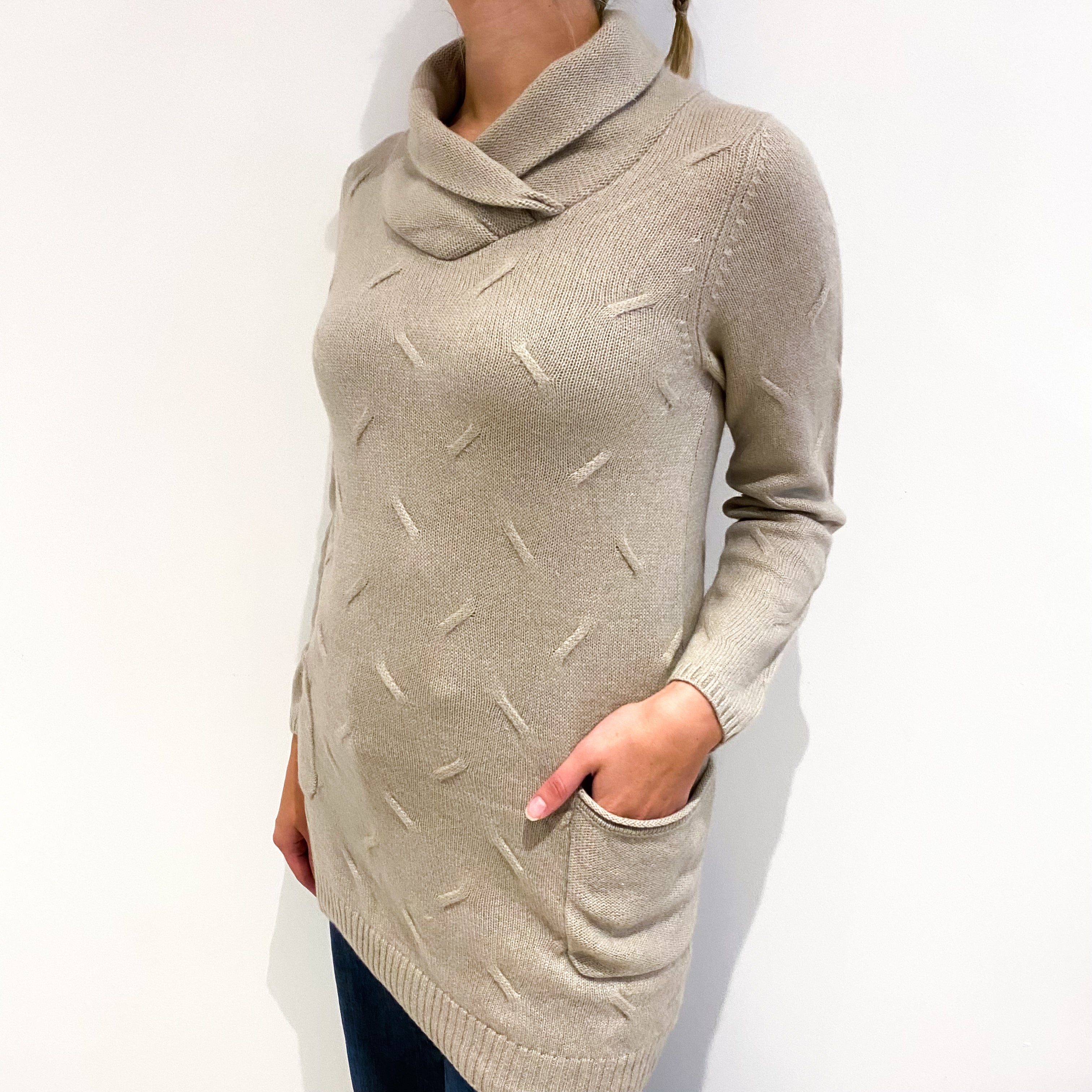 Fawn Brown Cashmere Shawl Collar Tunic Jumper Small