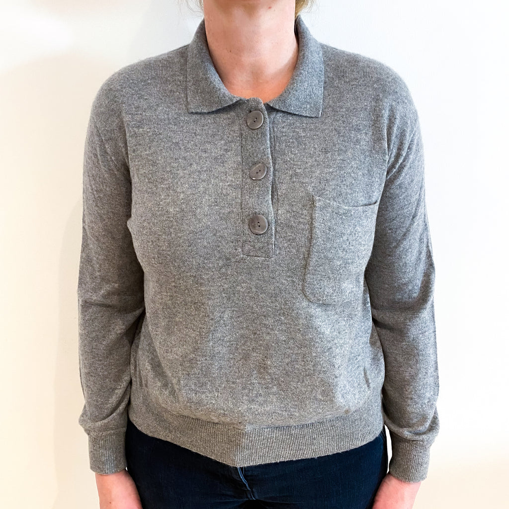 Ash Grey Cashmere Collared 1/4 Button Jumper Large