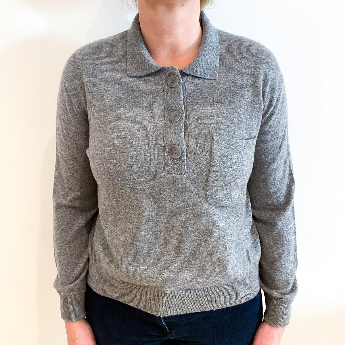 Ash Grey Cashmere Collared 1/4 Button Jumper Large