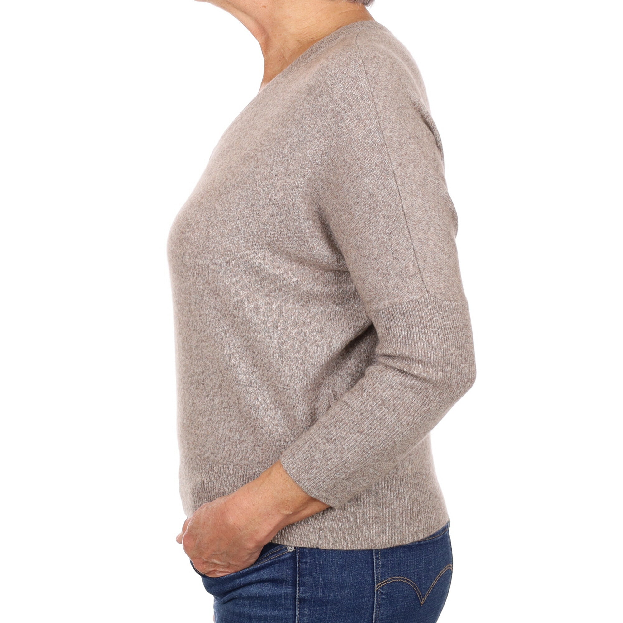 Mocha Brown Marl Cashmere V Neck Jumper Medium