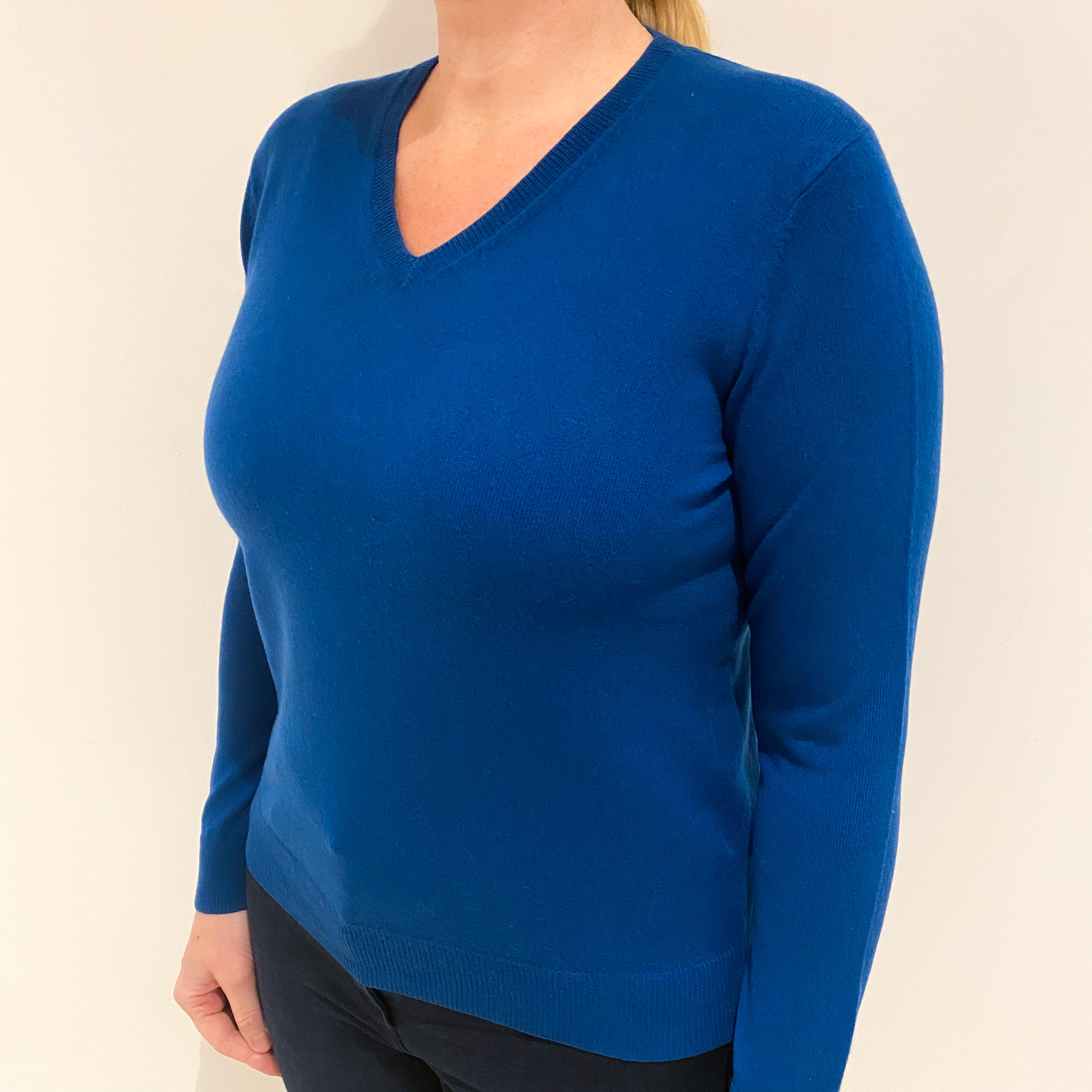 Peacock Blue Cashmere V Neck Jumper Large