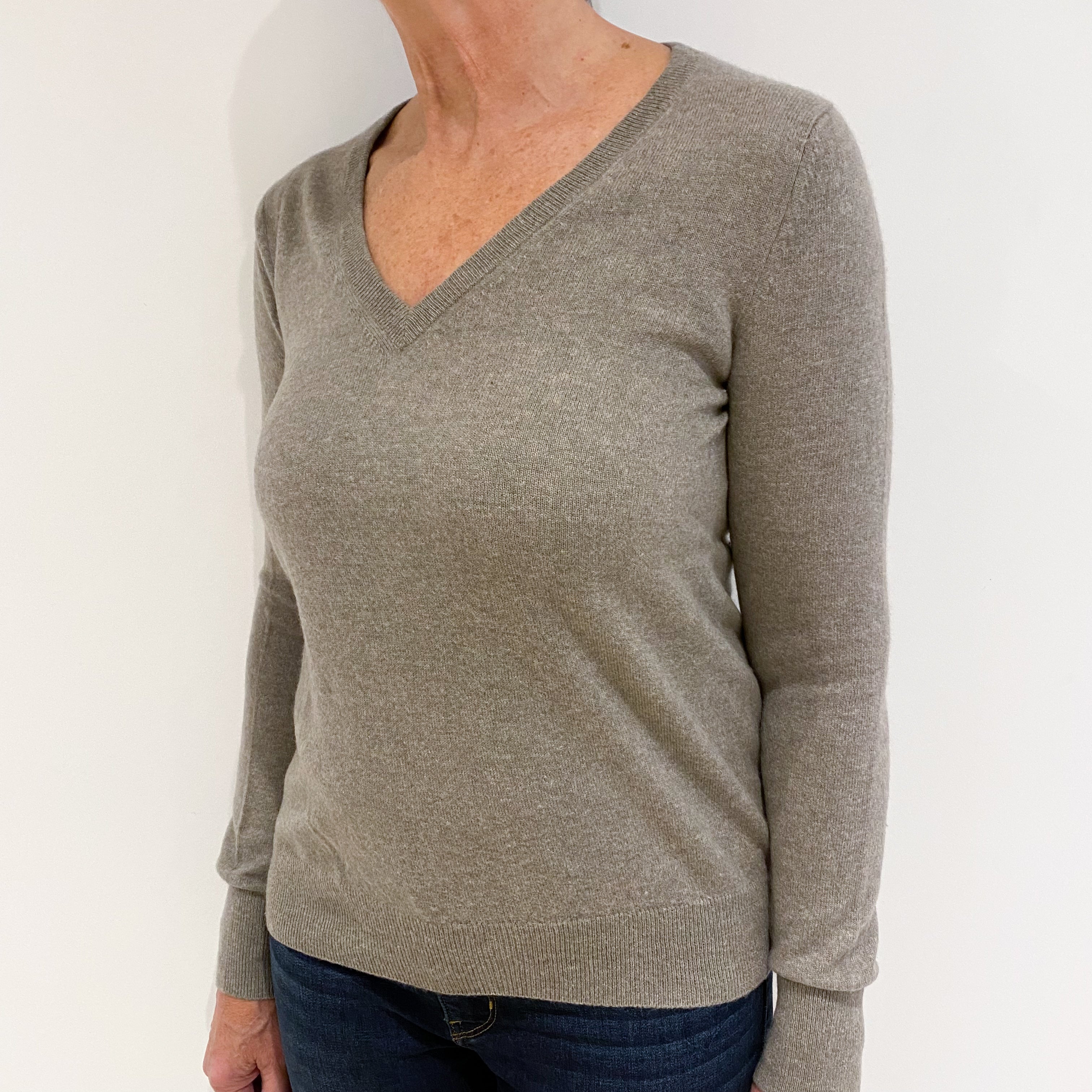 Fawn Brown Cashmere V-Neck Jumper Medium