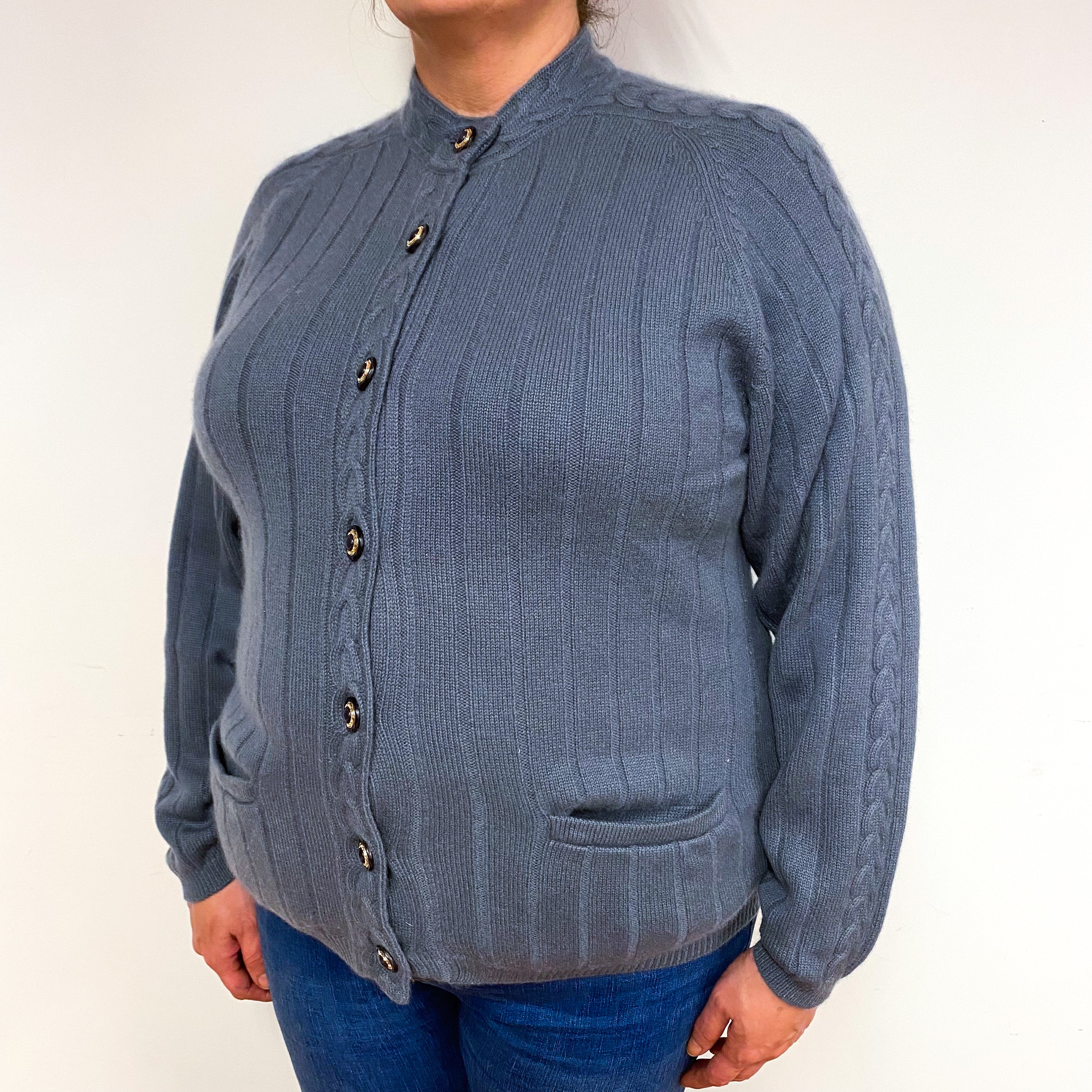 Steel Grey Ribbed Cashmere Heavy Knit Cardigan Extra Large