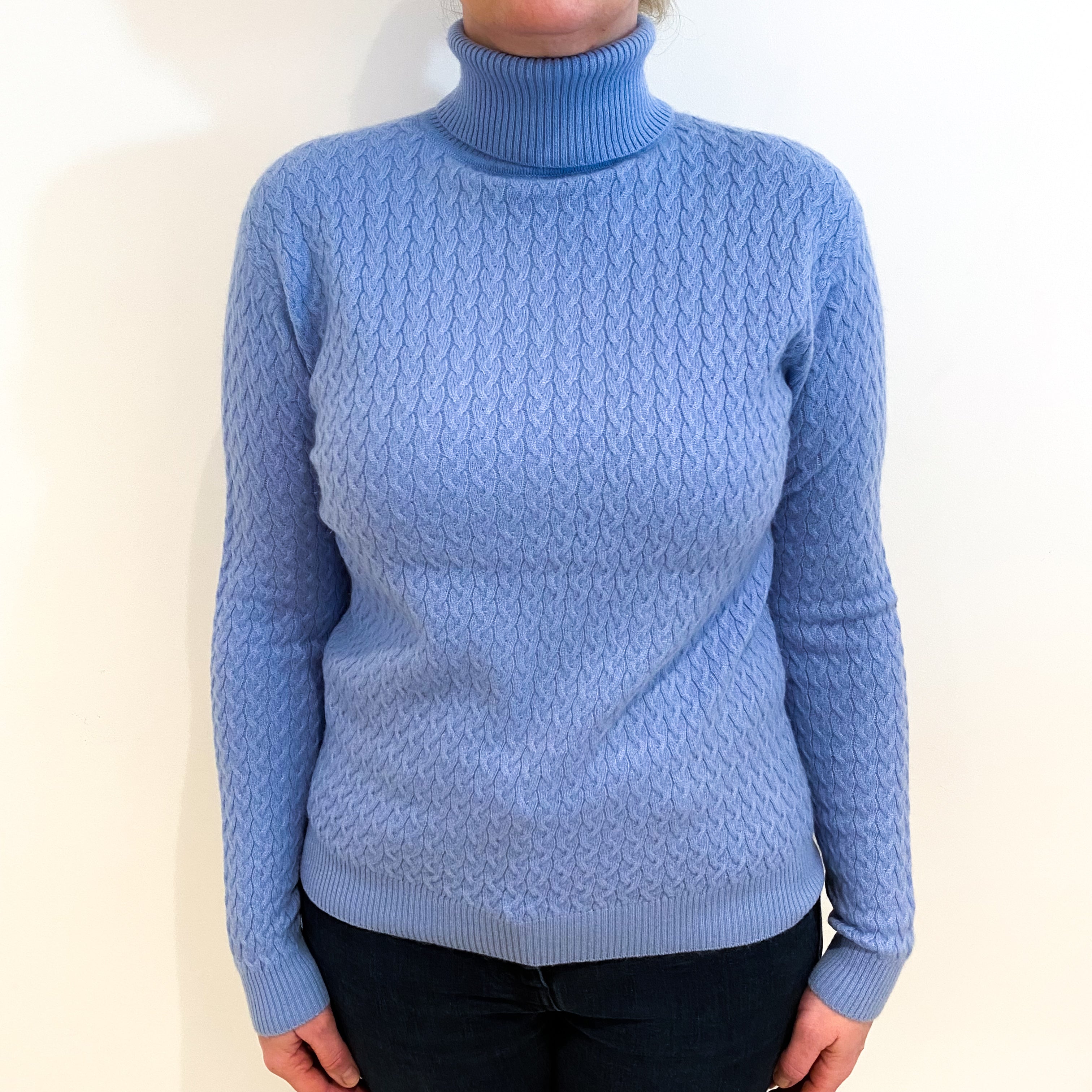 Sky Blue Cable Cashmere Polo Neck Jumper Large