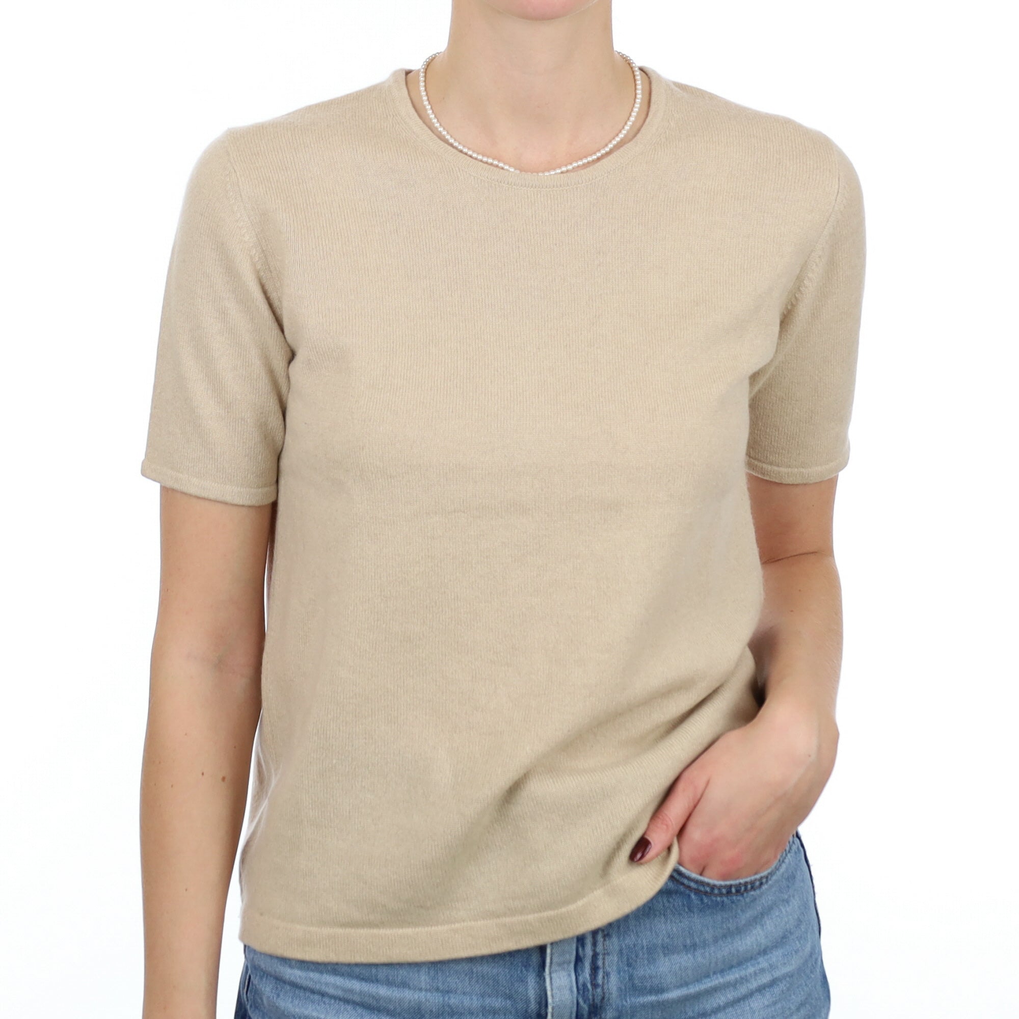 Sand Beige Cashmere Short Sleeve Crew Neck Jumper Small