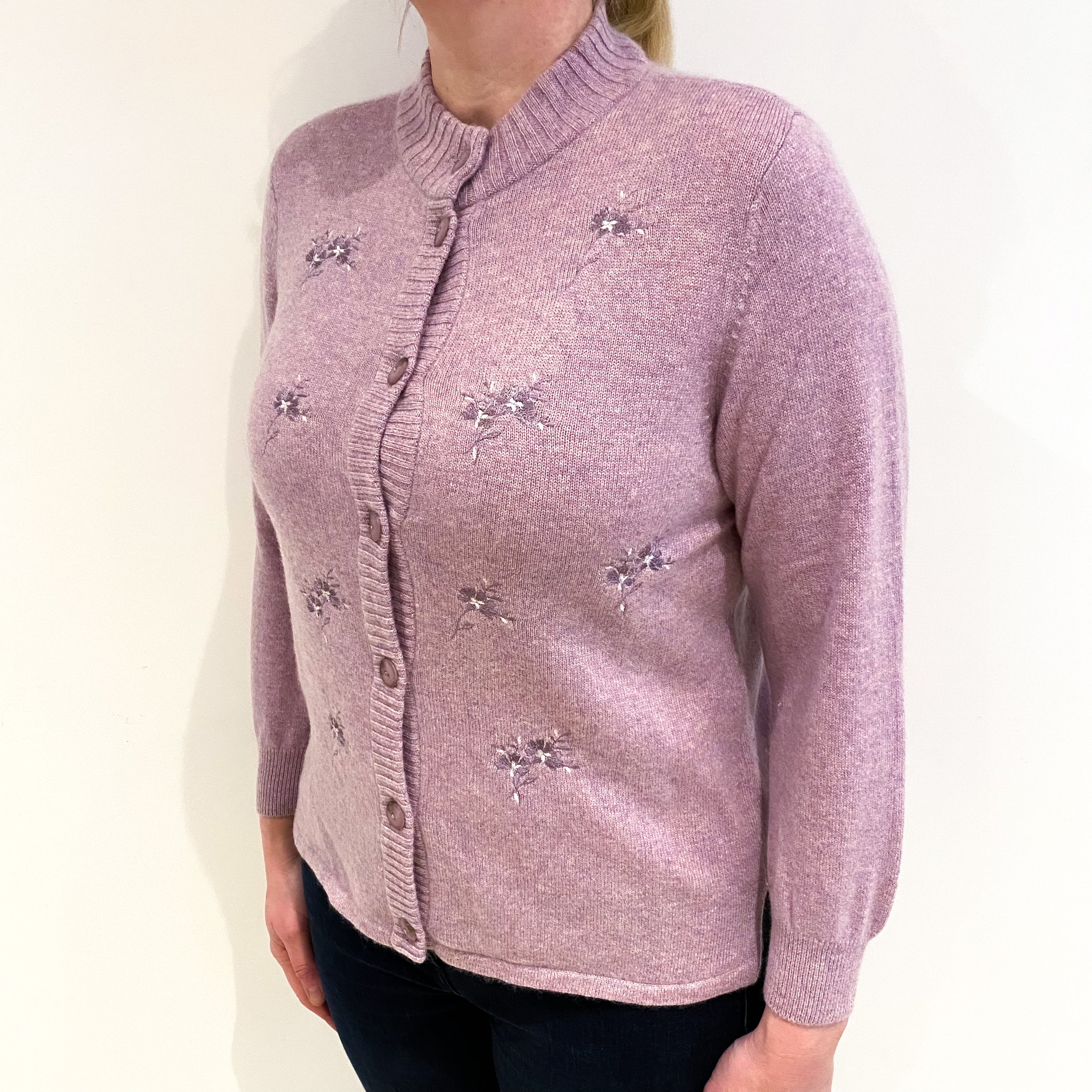 Lavender Embroidered Flowers Cashmere Funnel Neck Cardigan Large