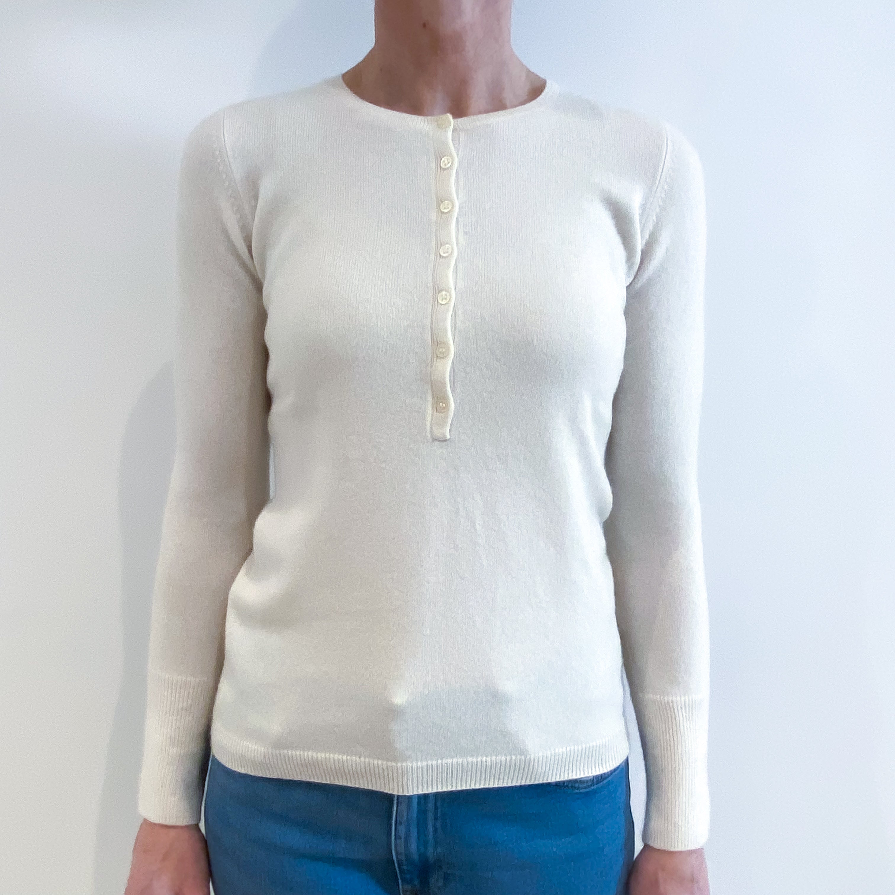 Ivory Cream Cashmere Buttoned Crew Neck Jumper Small