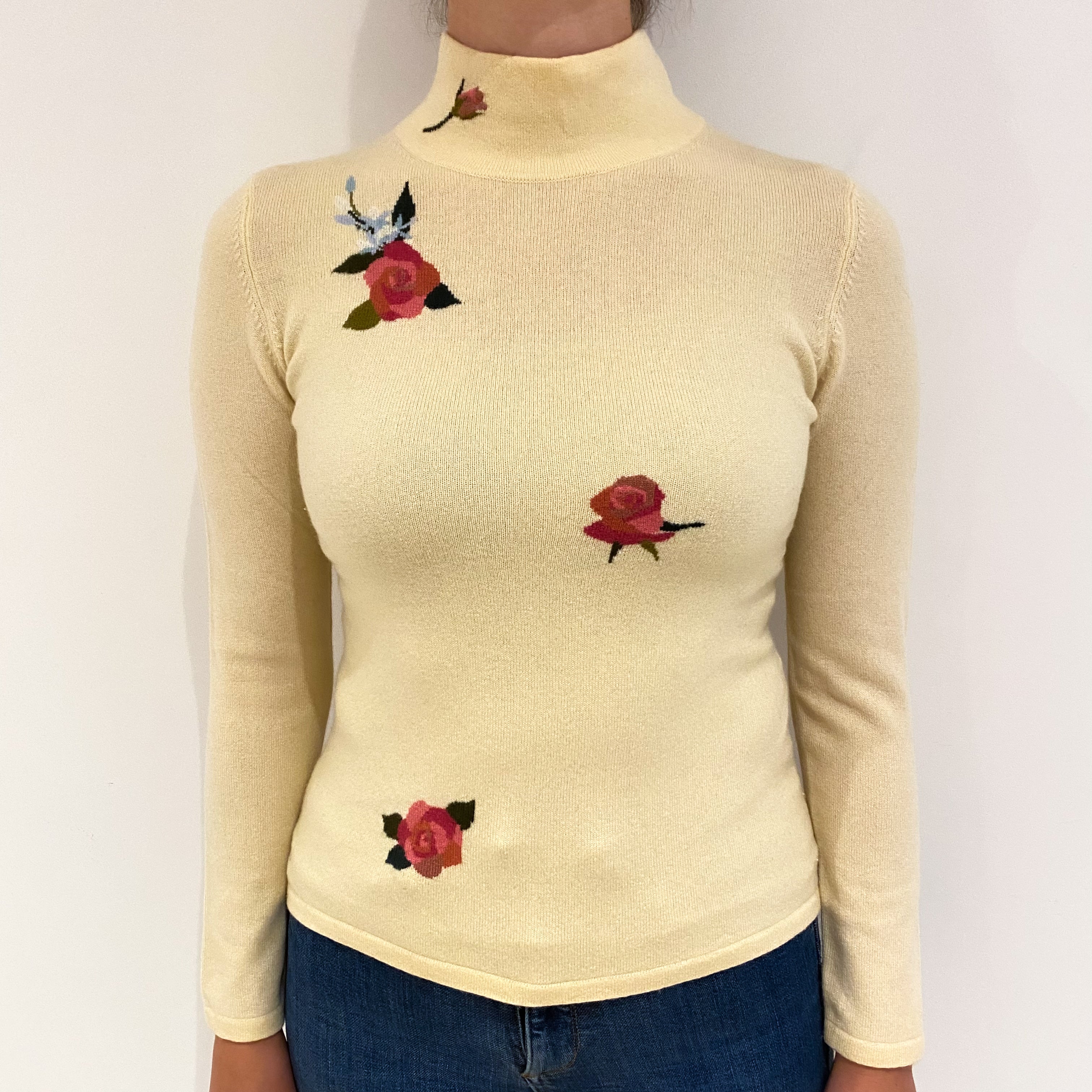 Buttermilk Yellow Floral Cashmere Turtle Neck Jumper Small