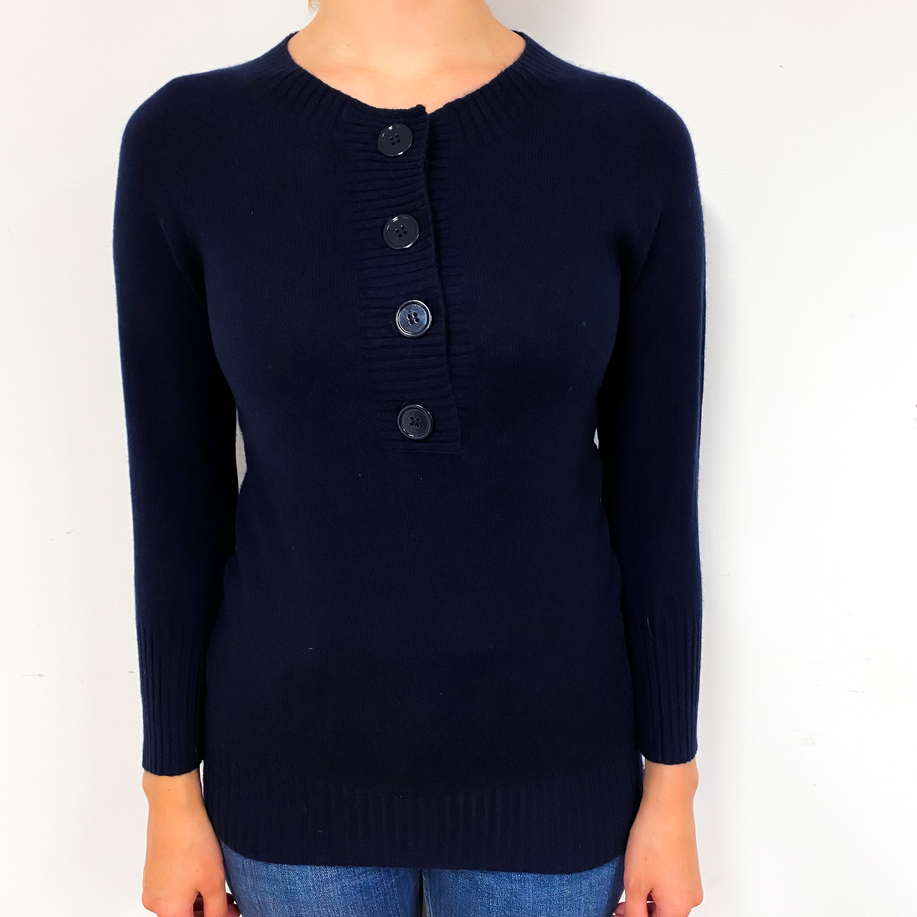 Navy Blue 1/2 Button Cashmere Crew Neck Jumper Small