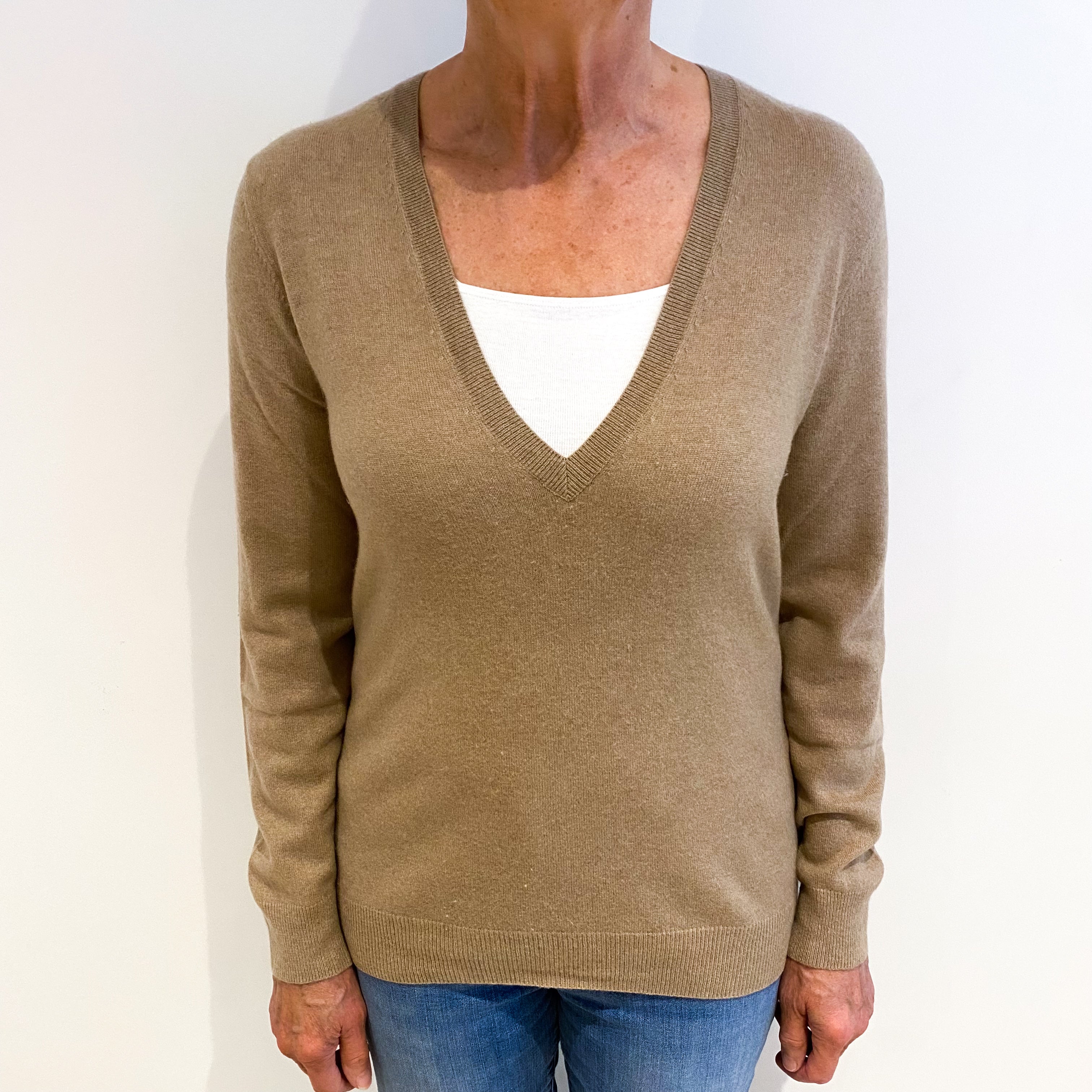 Toffee Brown Cashmere V Neck Jumper Medium