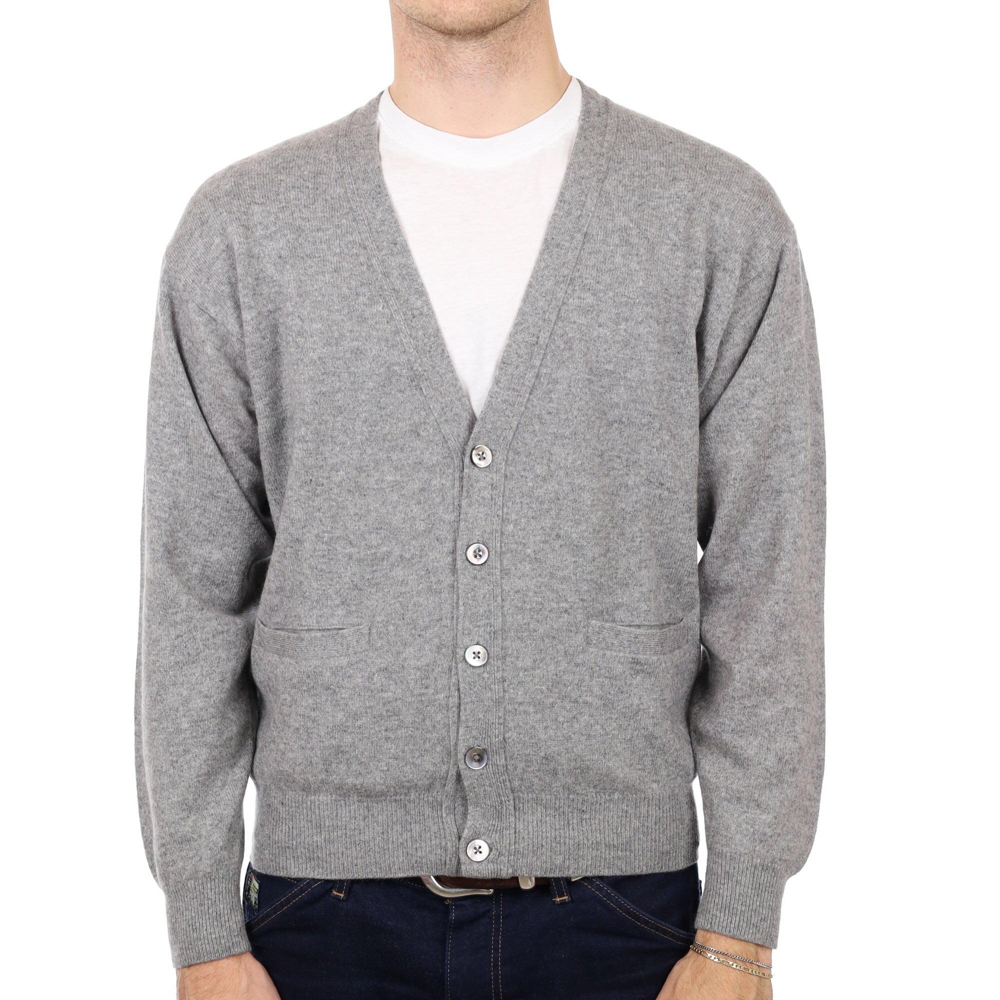 Men's Smoke Grey Cashmere V Neck Cardigan Medium