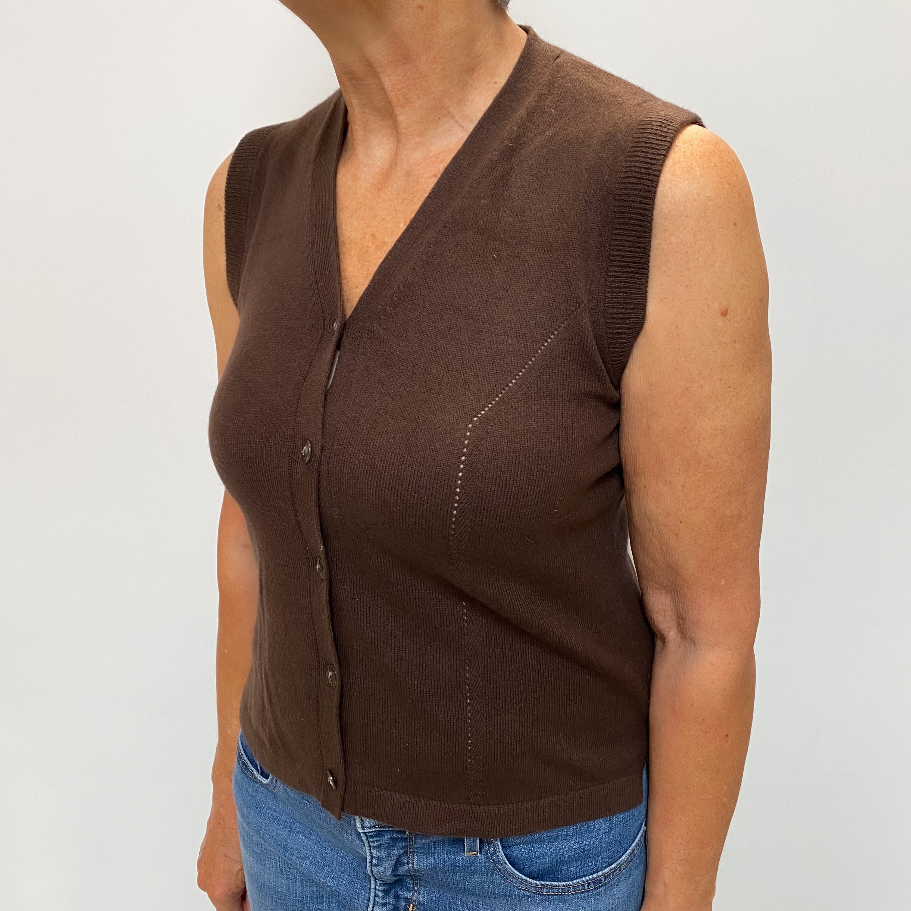 Dark Chocolate Brown Cashmere V Neck Sleeveless Cardigan Medium