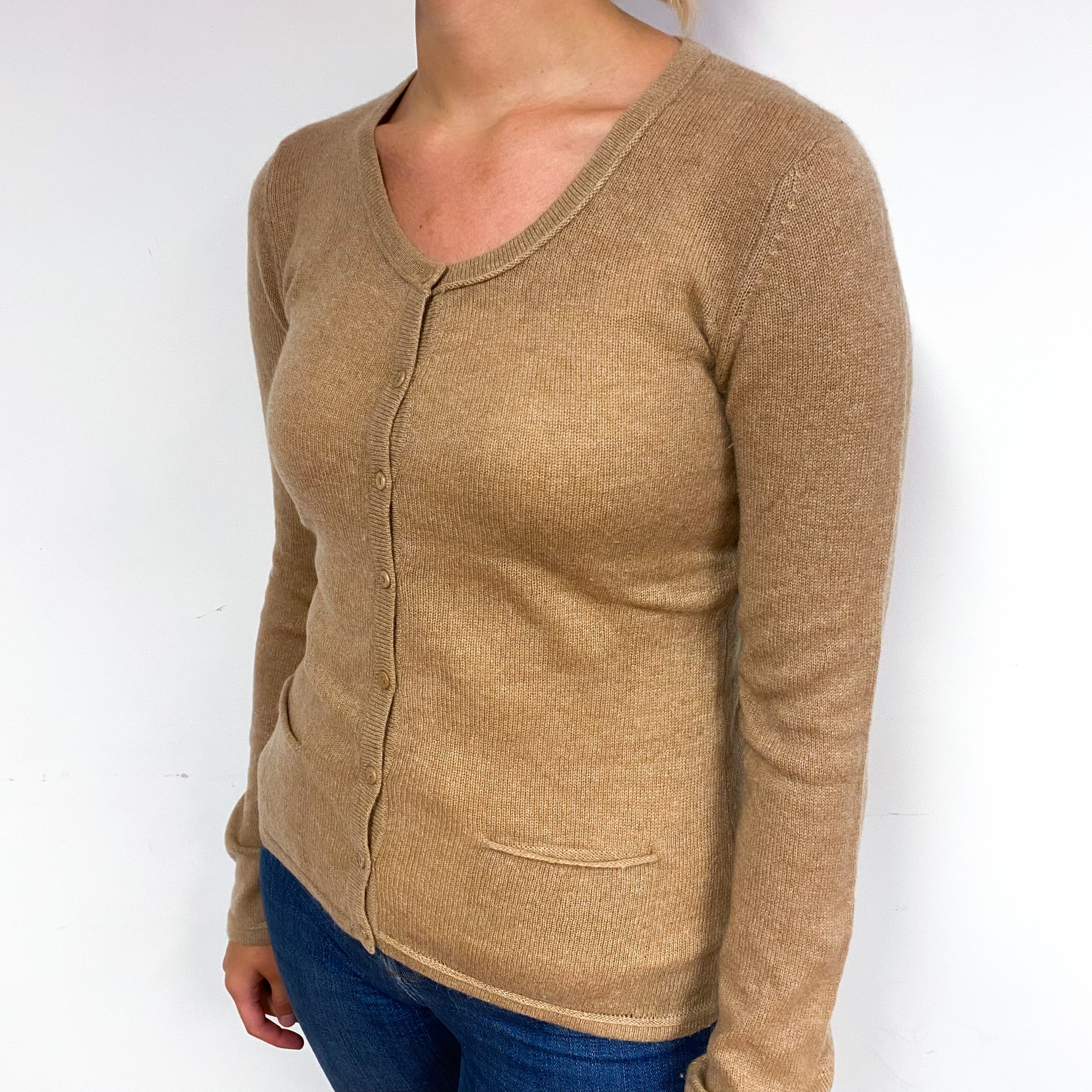 Fudge Brown Lightweight Cashmere Crew Neck Cardigan Small