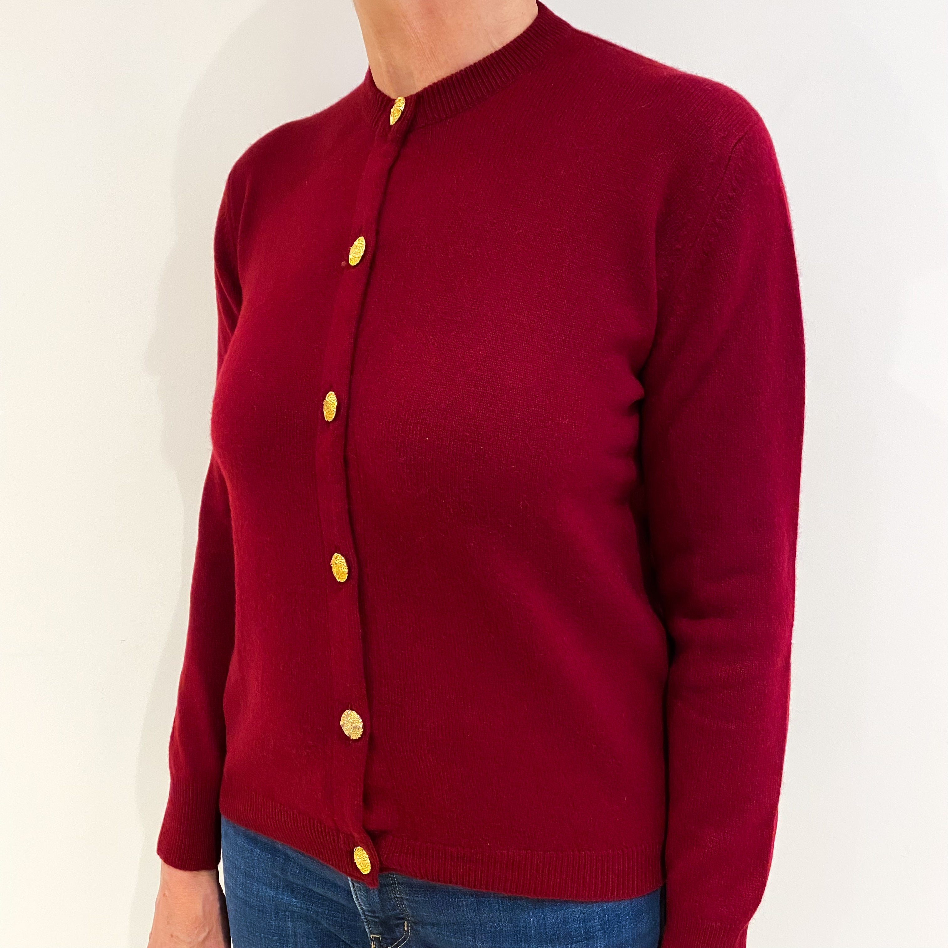 Garnet Red Cashmere Crew Neck Cardigan Medium
