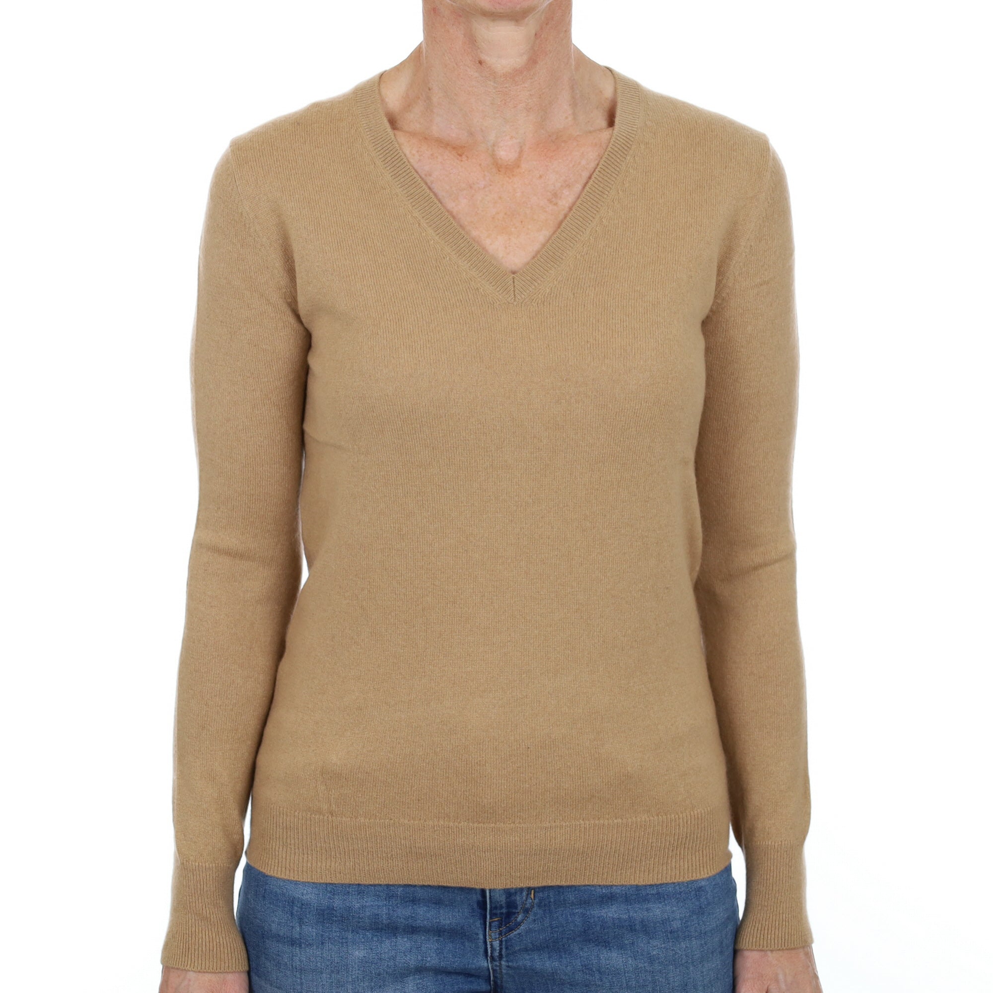Caramel Brown Cashmere V Neck Jumper Small